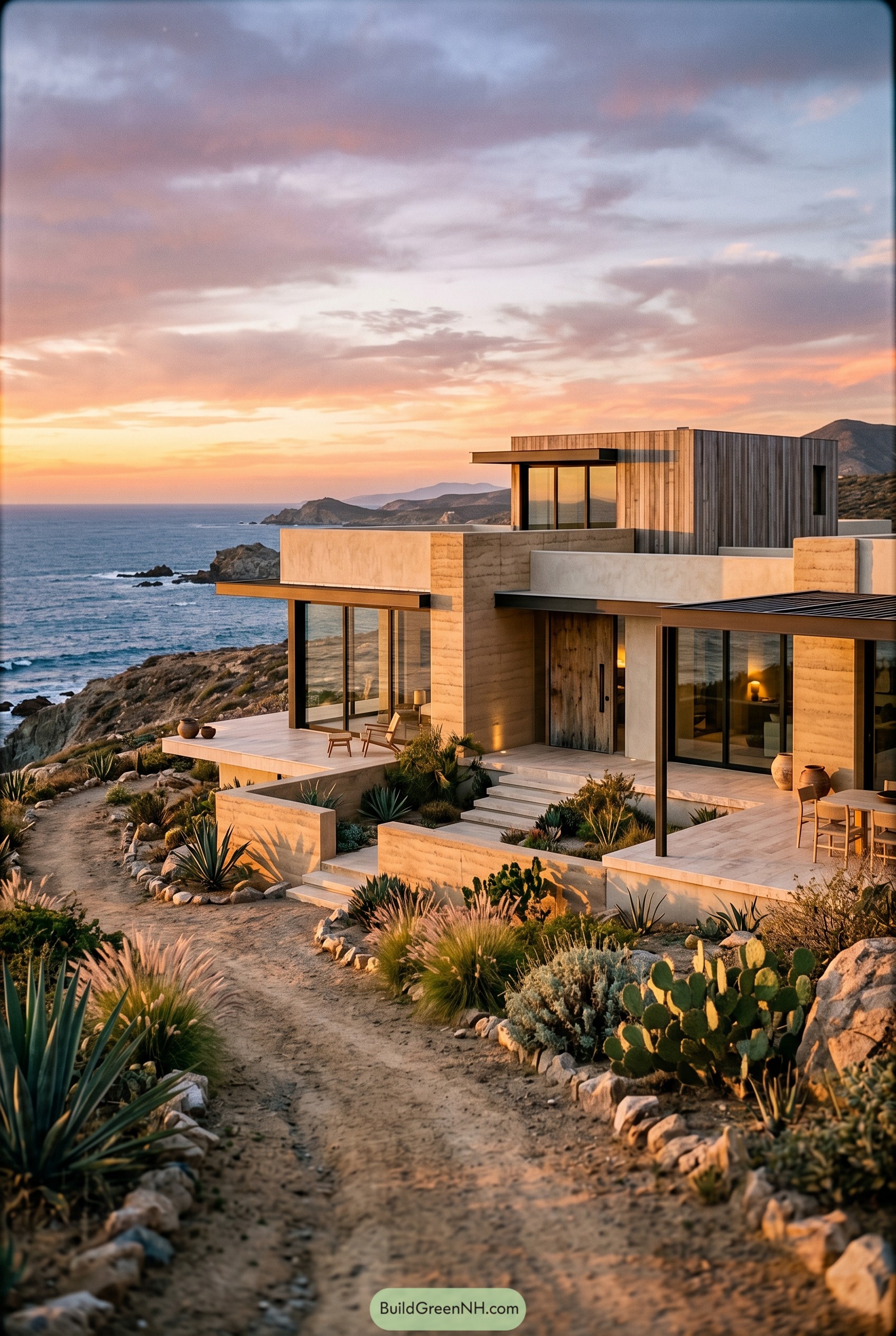 Modern cliffside coastal home with desert landscaping