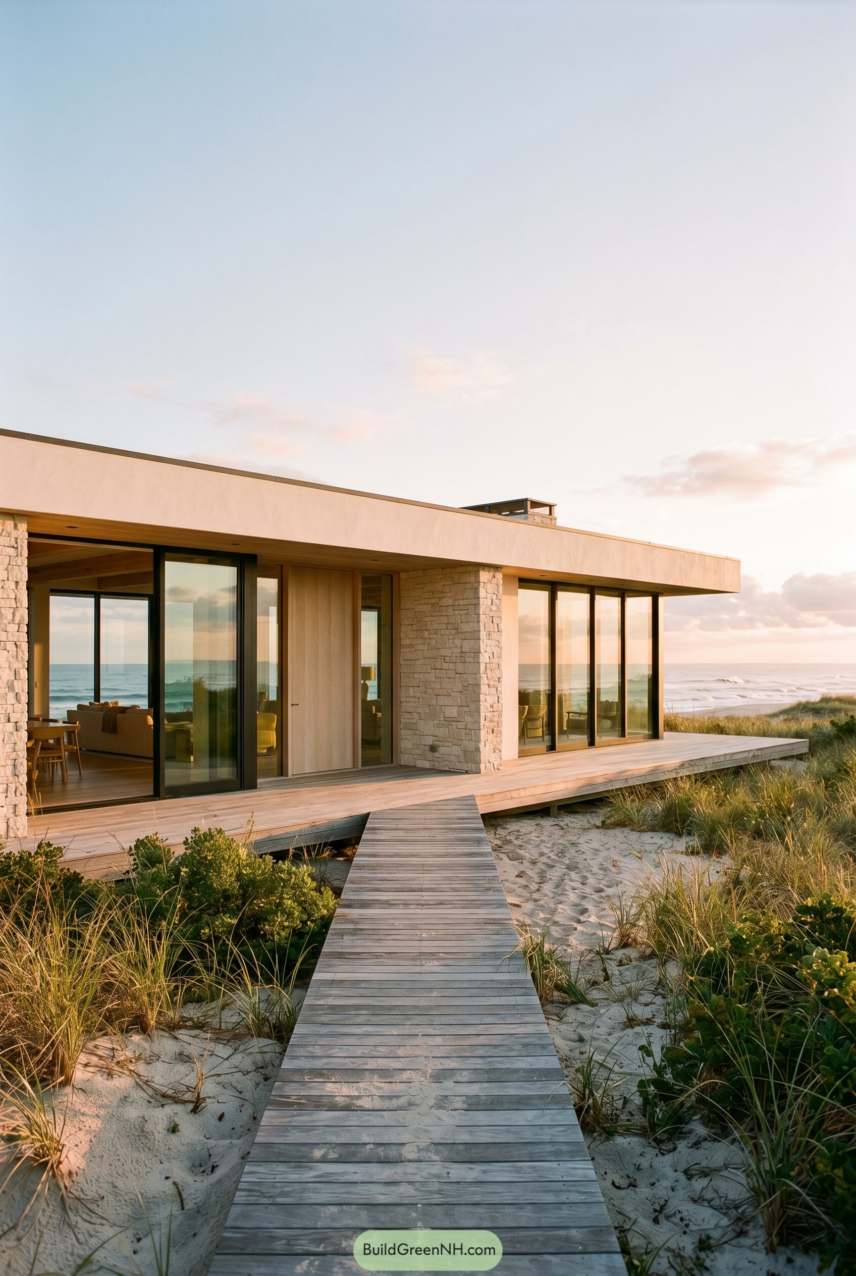 Low modern beach house with stone and glass