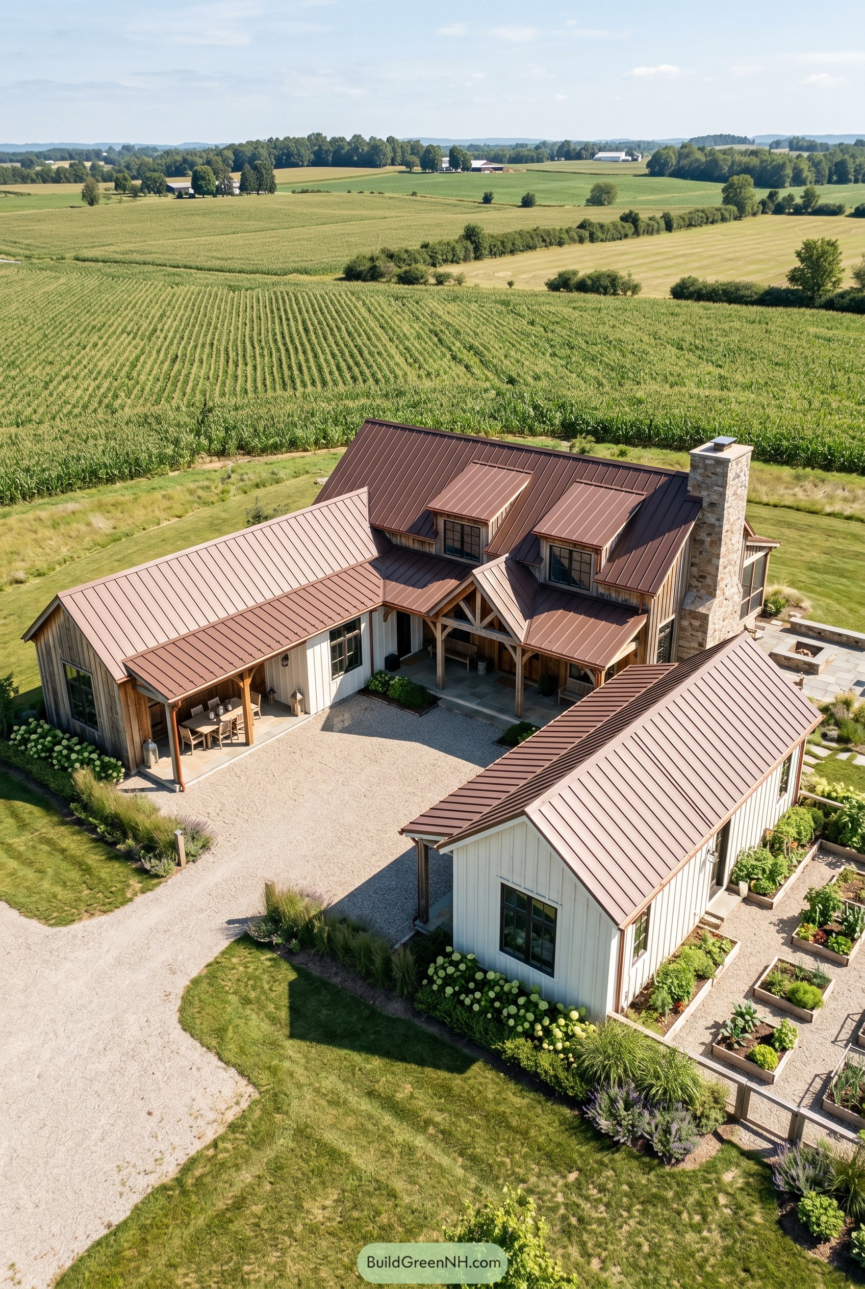 Aerial view of white barndominium with copper roof and courtyard