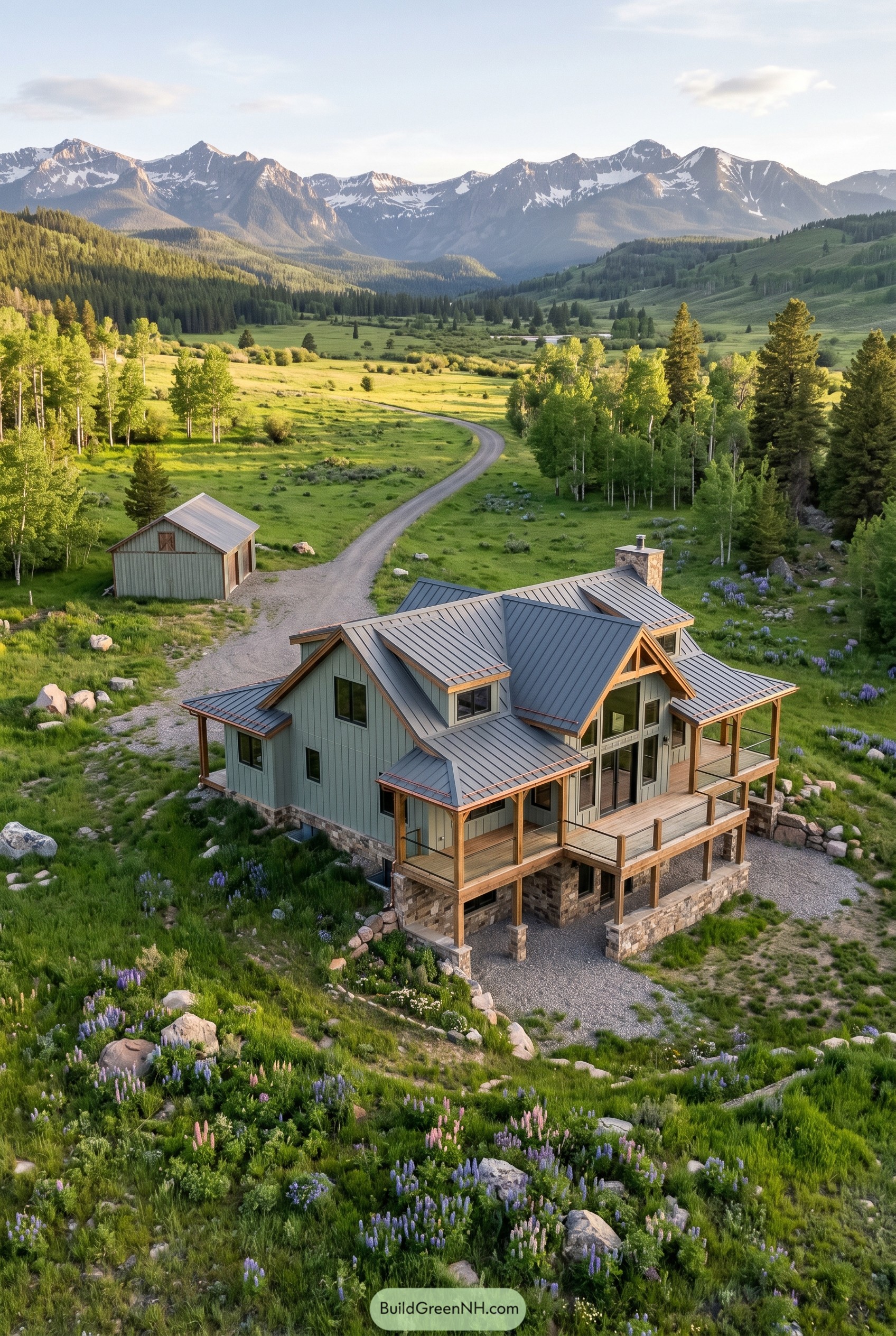Mountain barndominium with wraparound porch in alpine meadow