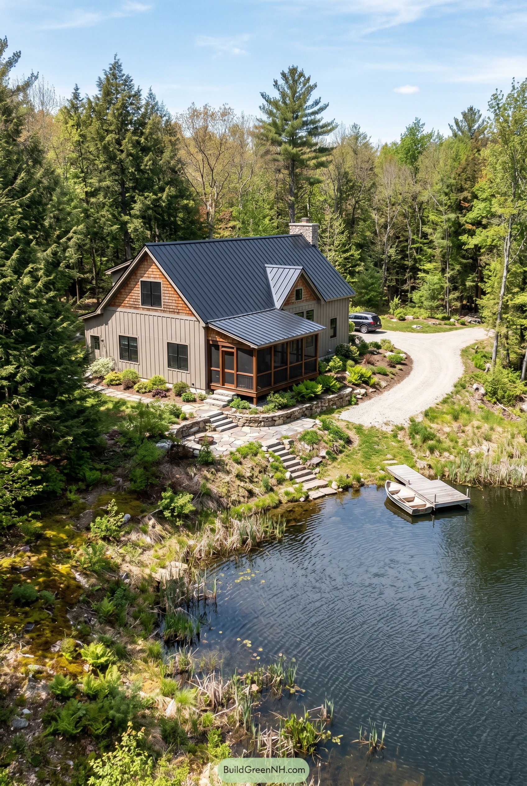 Lakeside cottage barndominium with screened porch and dock
