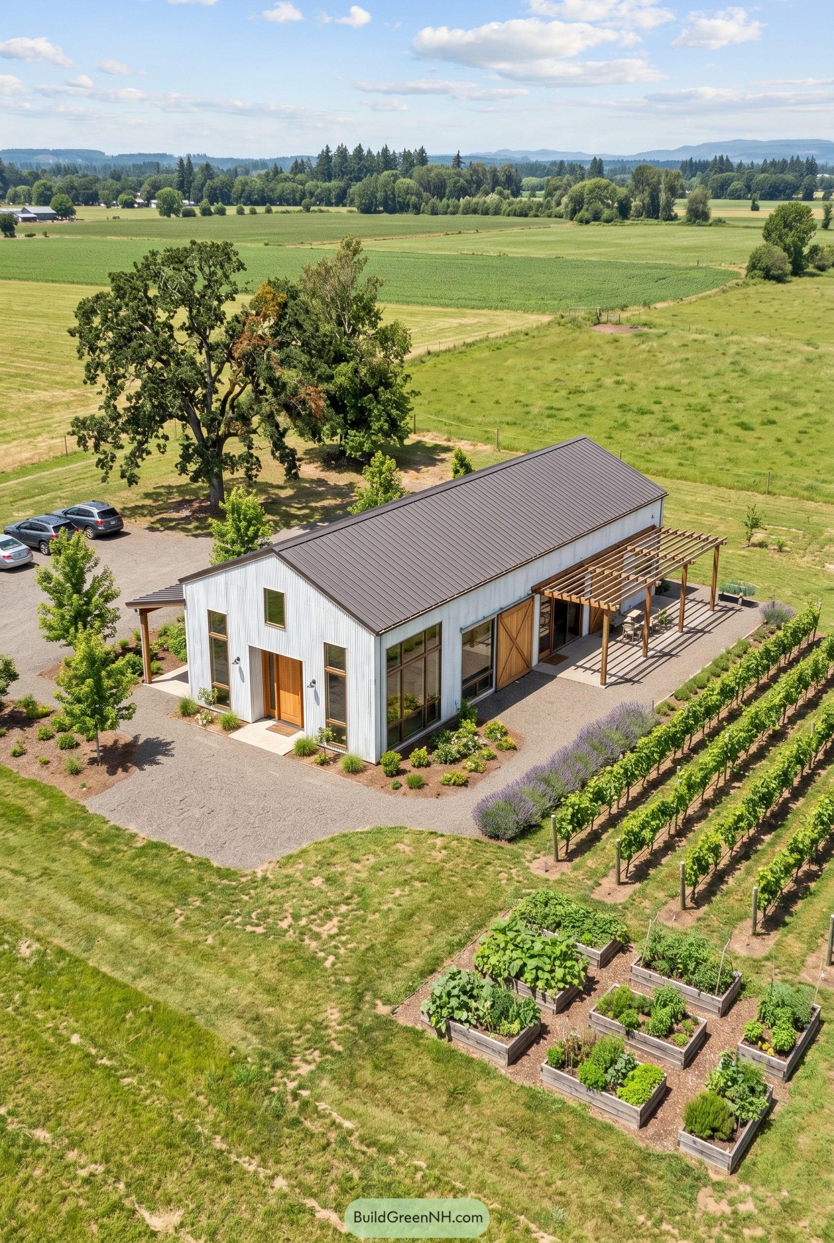 White barndominium with pergola beside vineyard