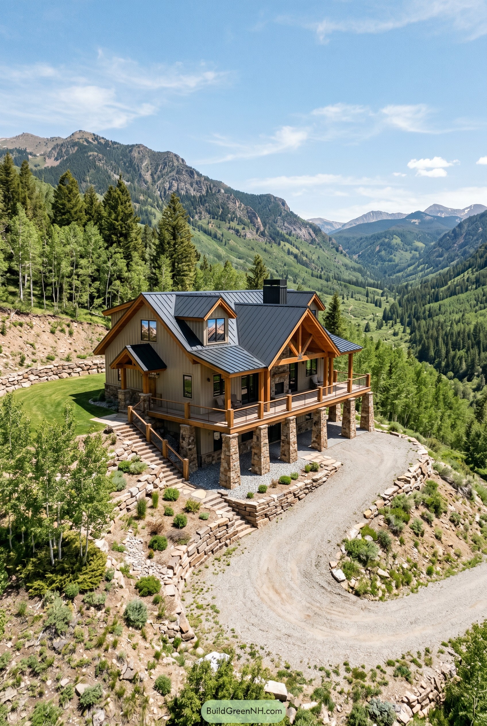 Mountain cottage barndominium on stone piers above a valley