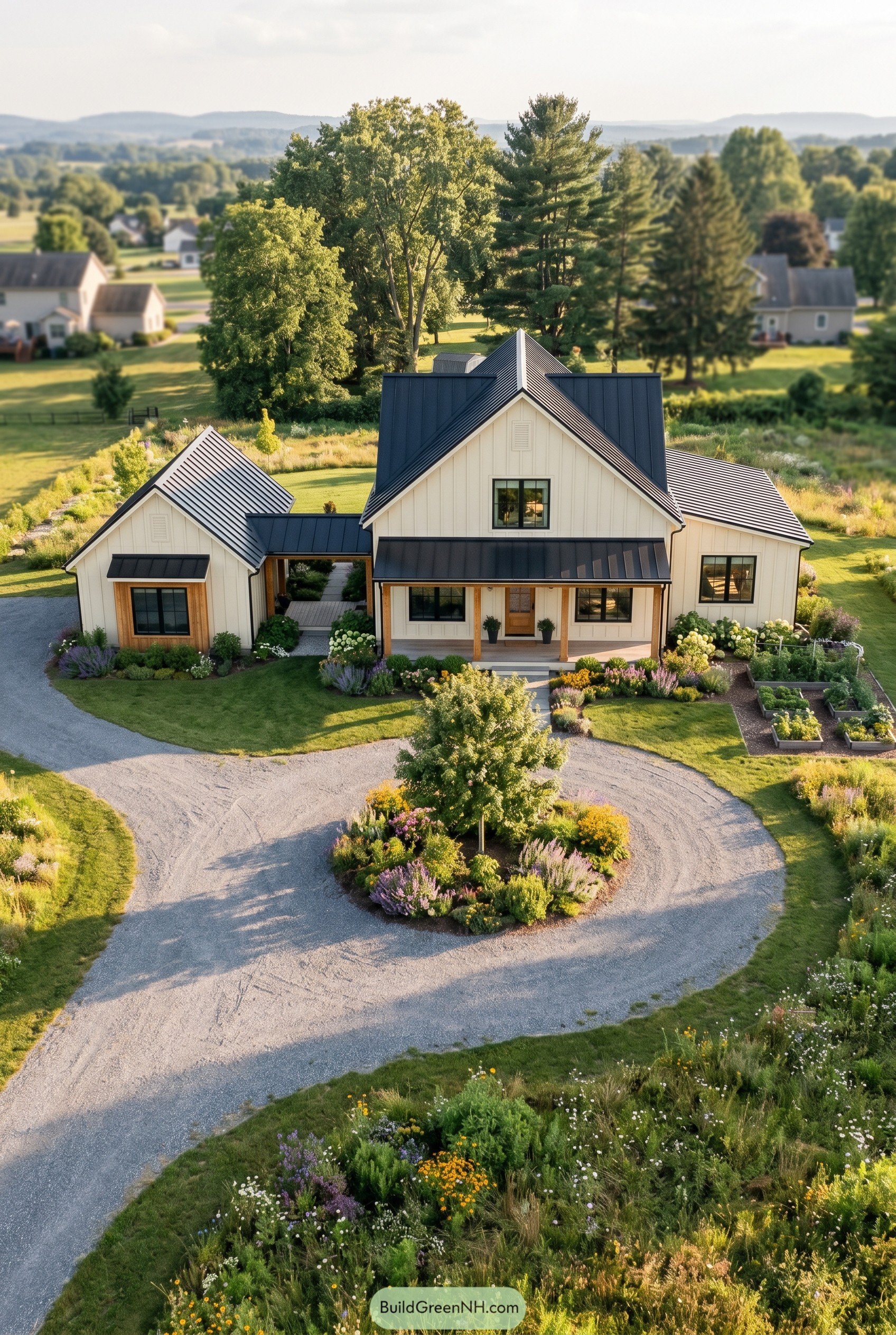 White cottage barndominium with black metal roof and circular driveway