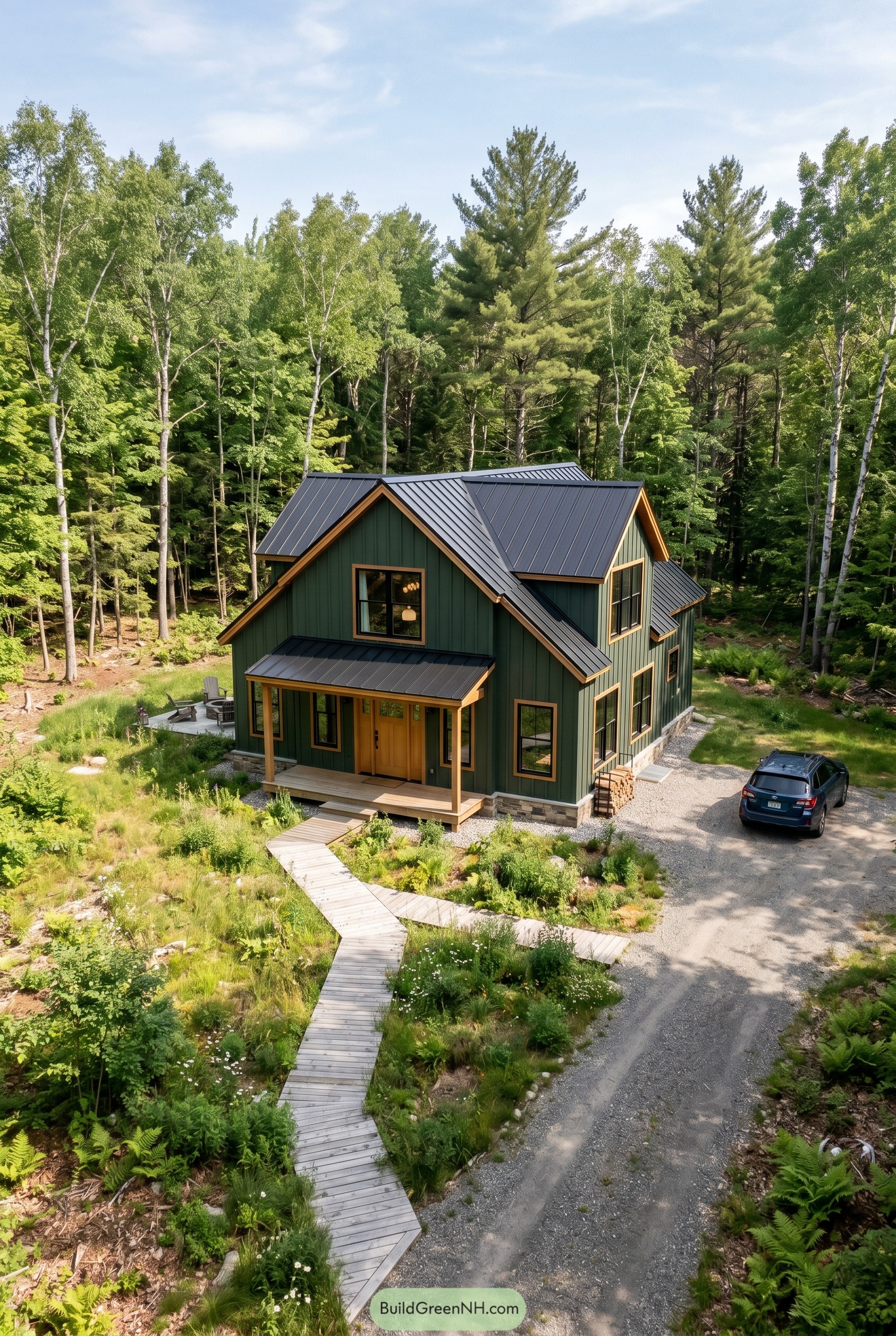 Green cottage barndominium with black metal roof in the woods