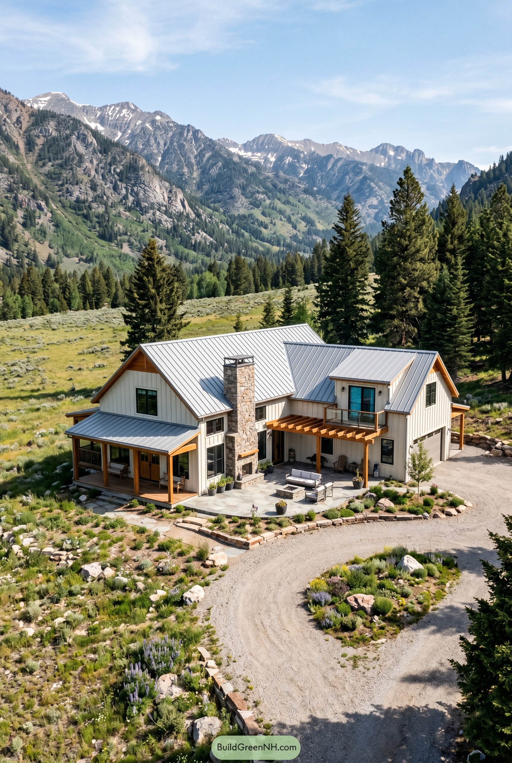 Modern cottage barndominium with stone chimney and metal roof in a mountain meadow