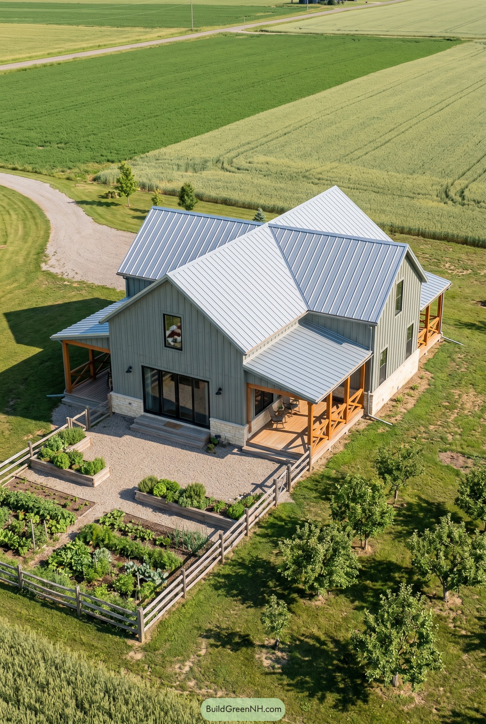 Gray cottage barndominium with metal roof and garden
