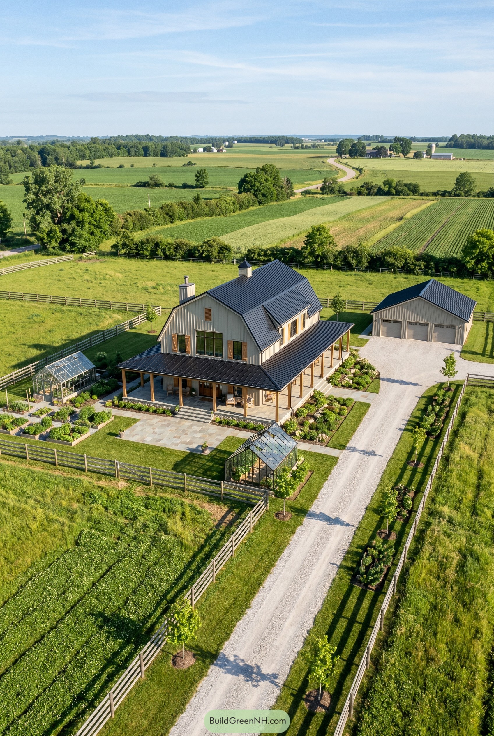 Modern barndominium with wraparound porch and greenhouses
