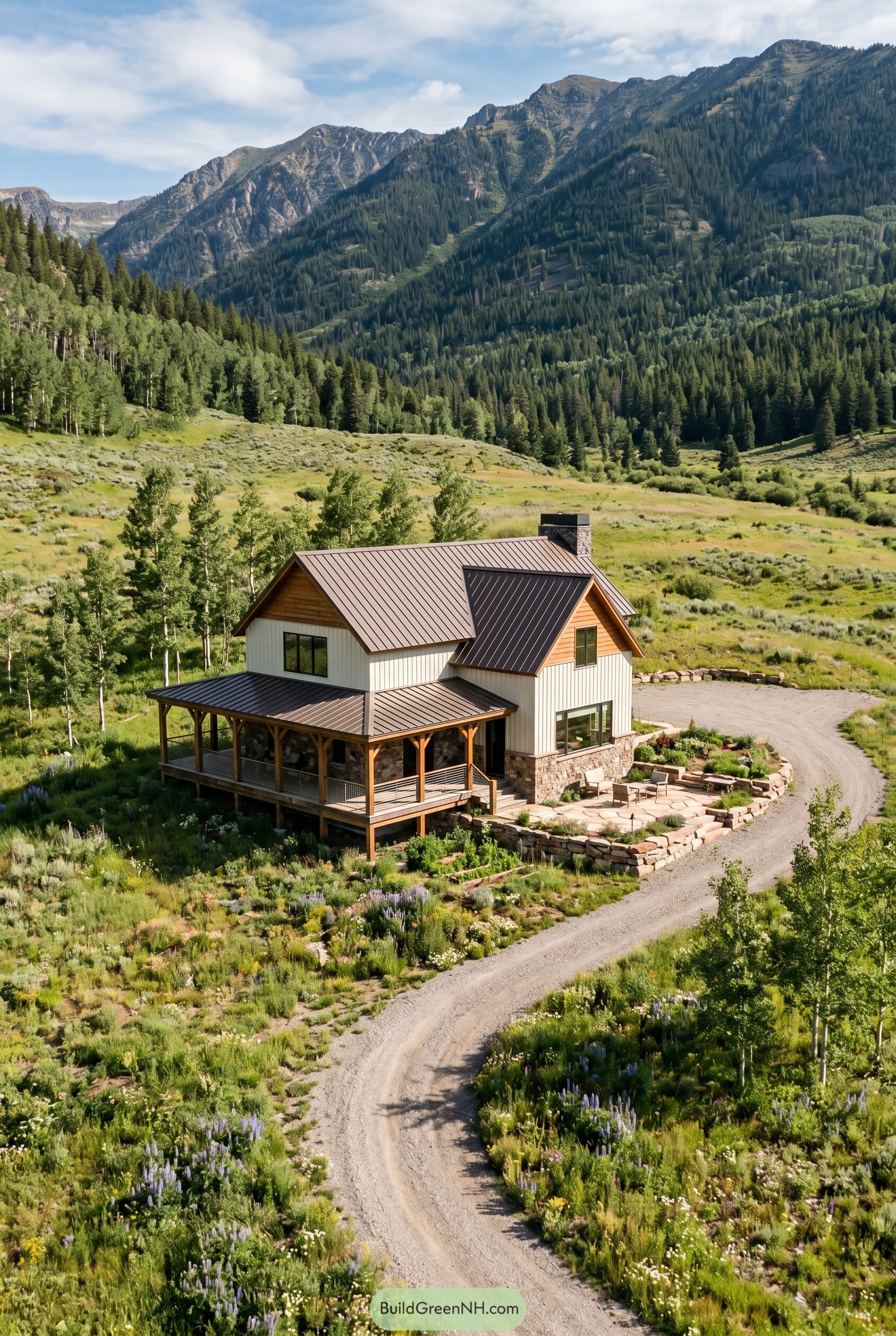 Mountain cottage barndominium with wraparound porch