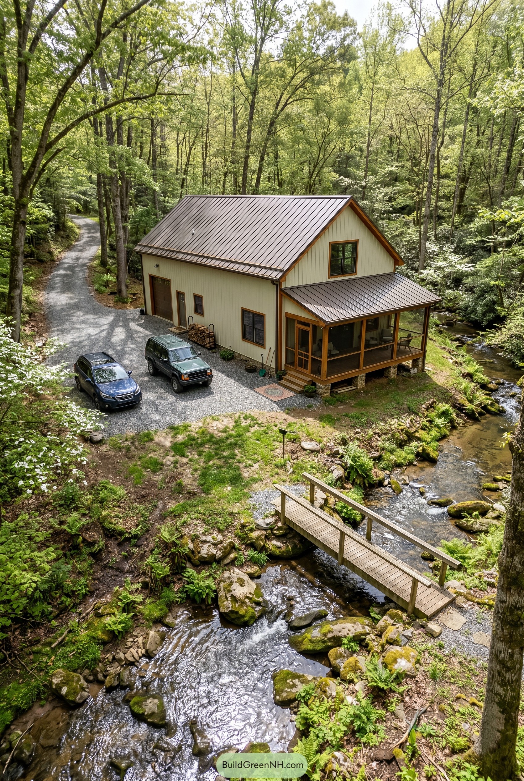 Cream barndominium with screened porch by creek