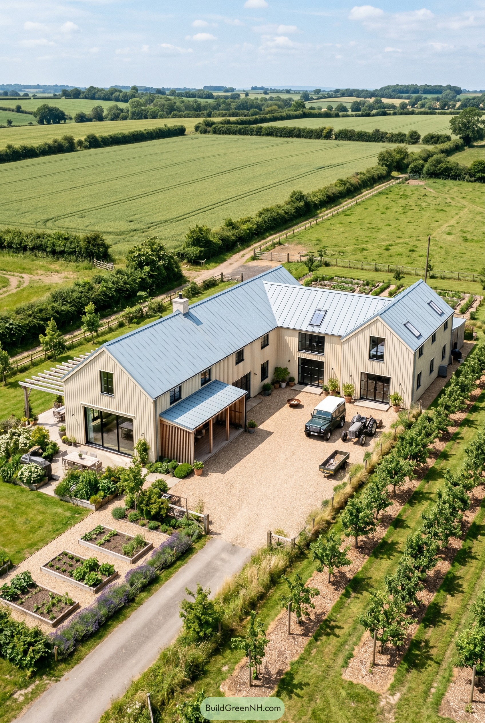 Cream barndominium with blue metal roof and gravel courtyard