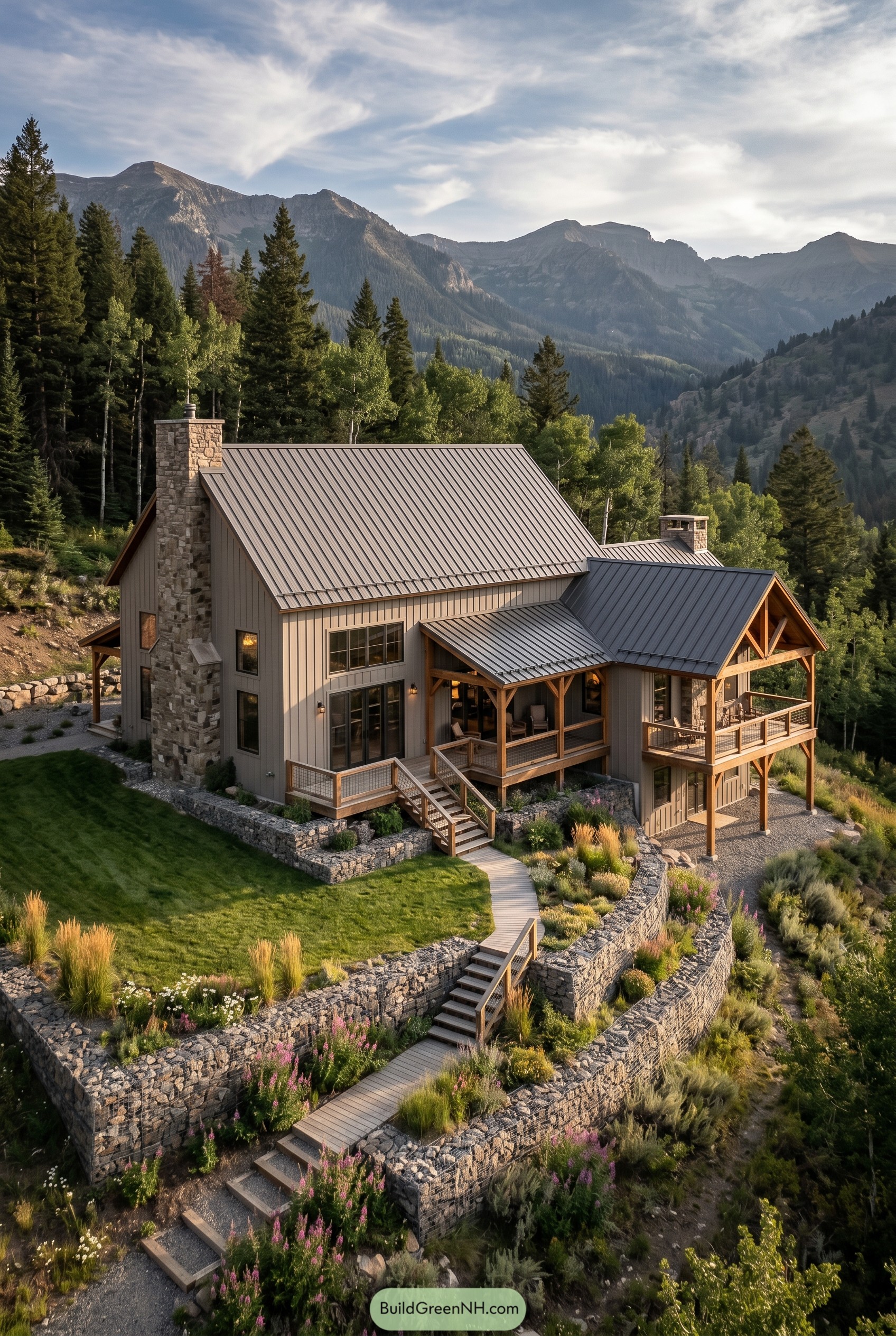 Mountain barndominium with stone terraces and metal roof