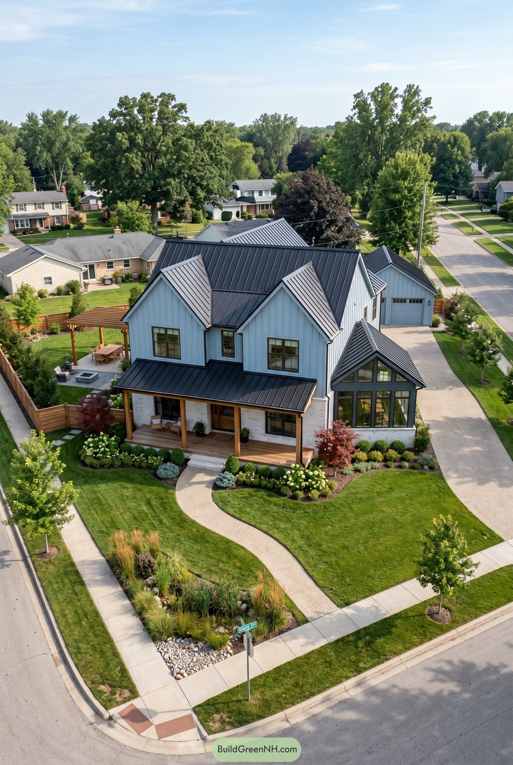 Modern cottage barndominium with black metal roof