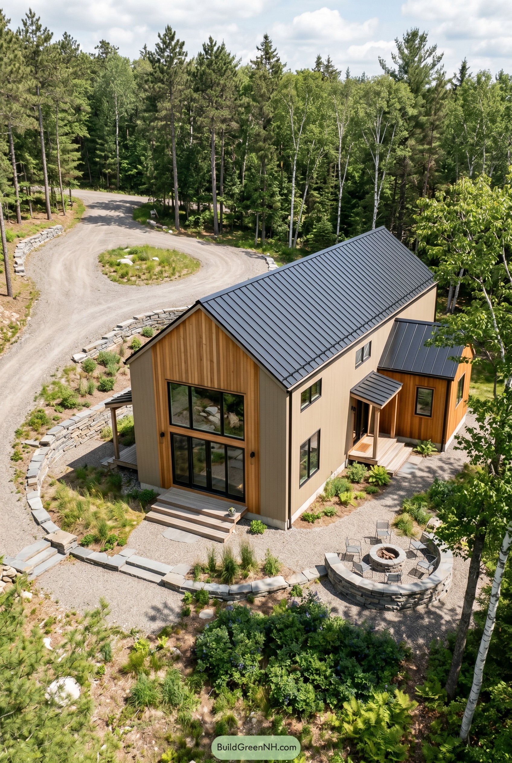 Modern barndominium with black gable roof in woods