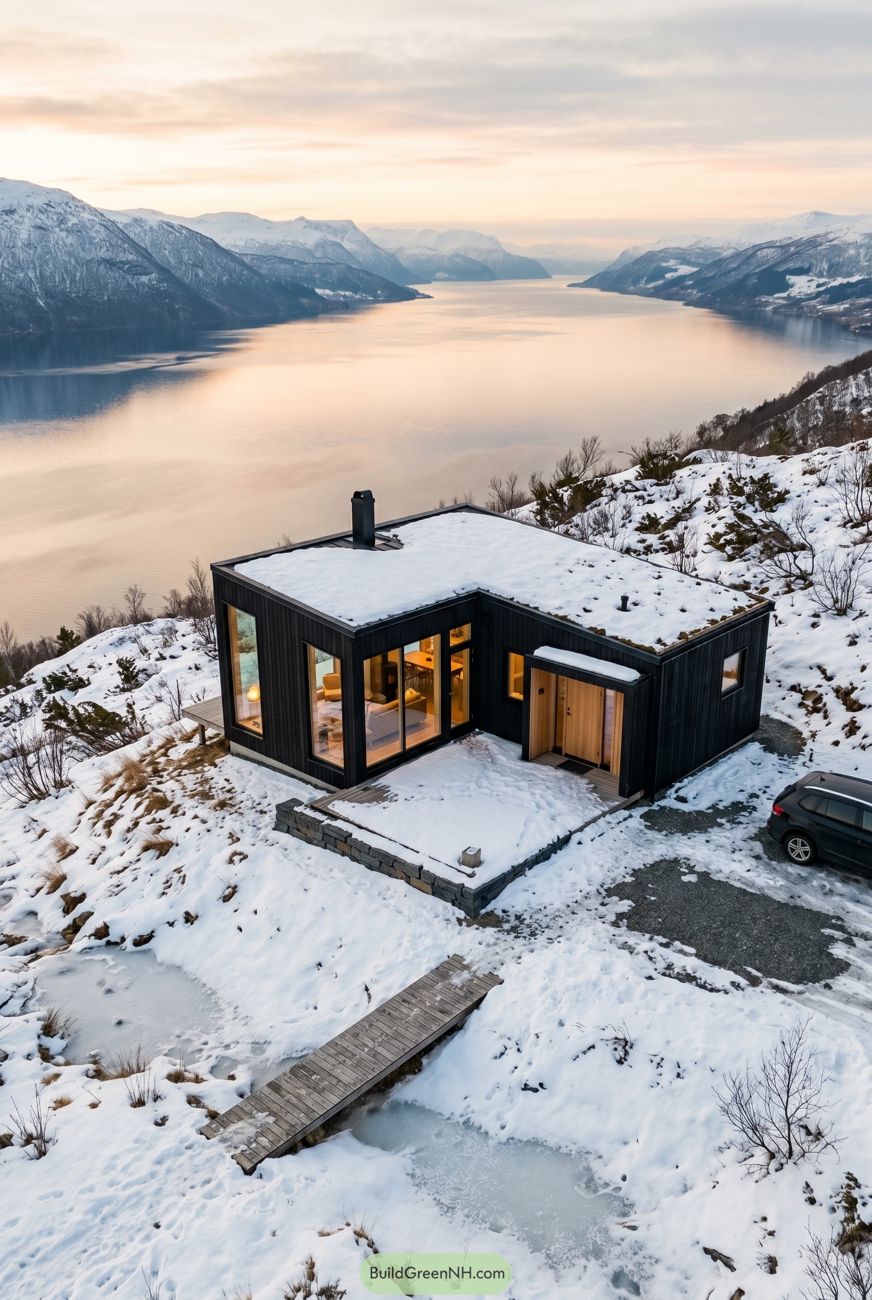 Modern black cottage on snowy fjord hillside