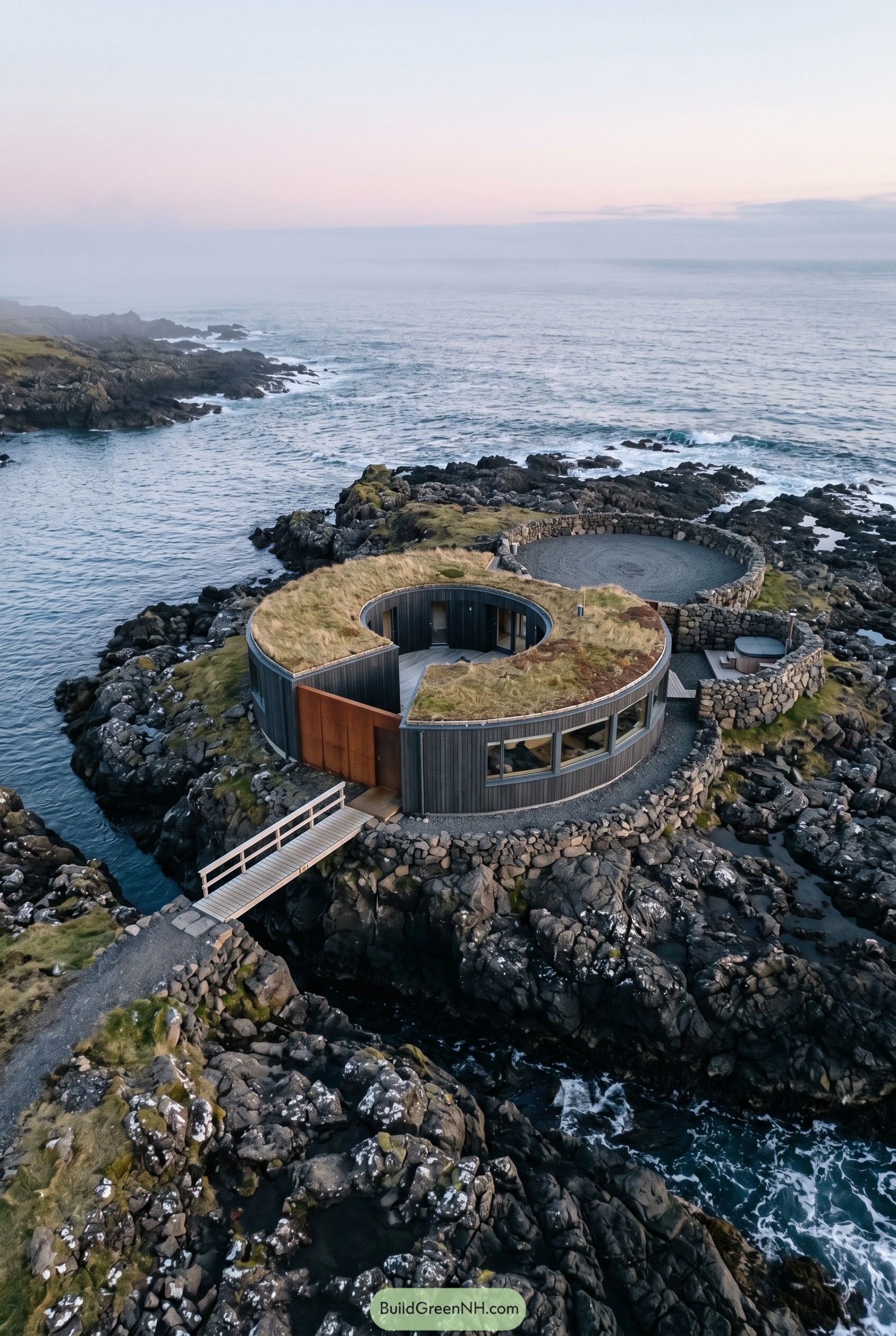 Circular turf roof cottage on rocky coast
