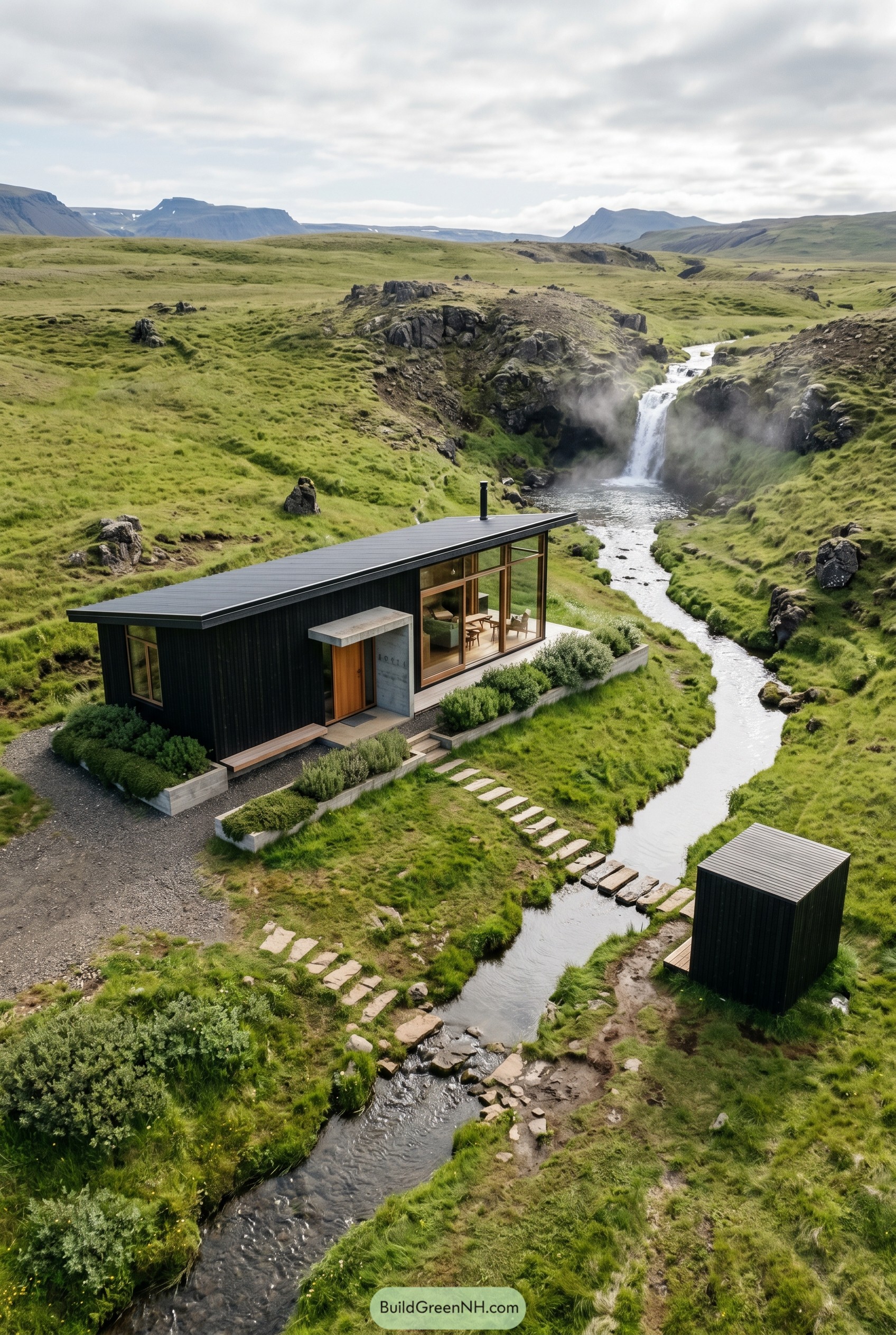 Black modern cottage beside stream and waterfall