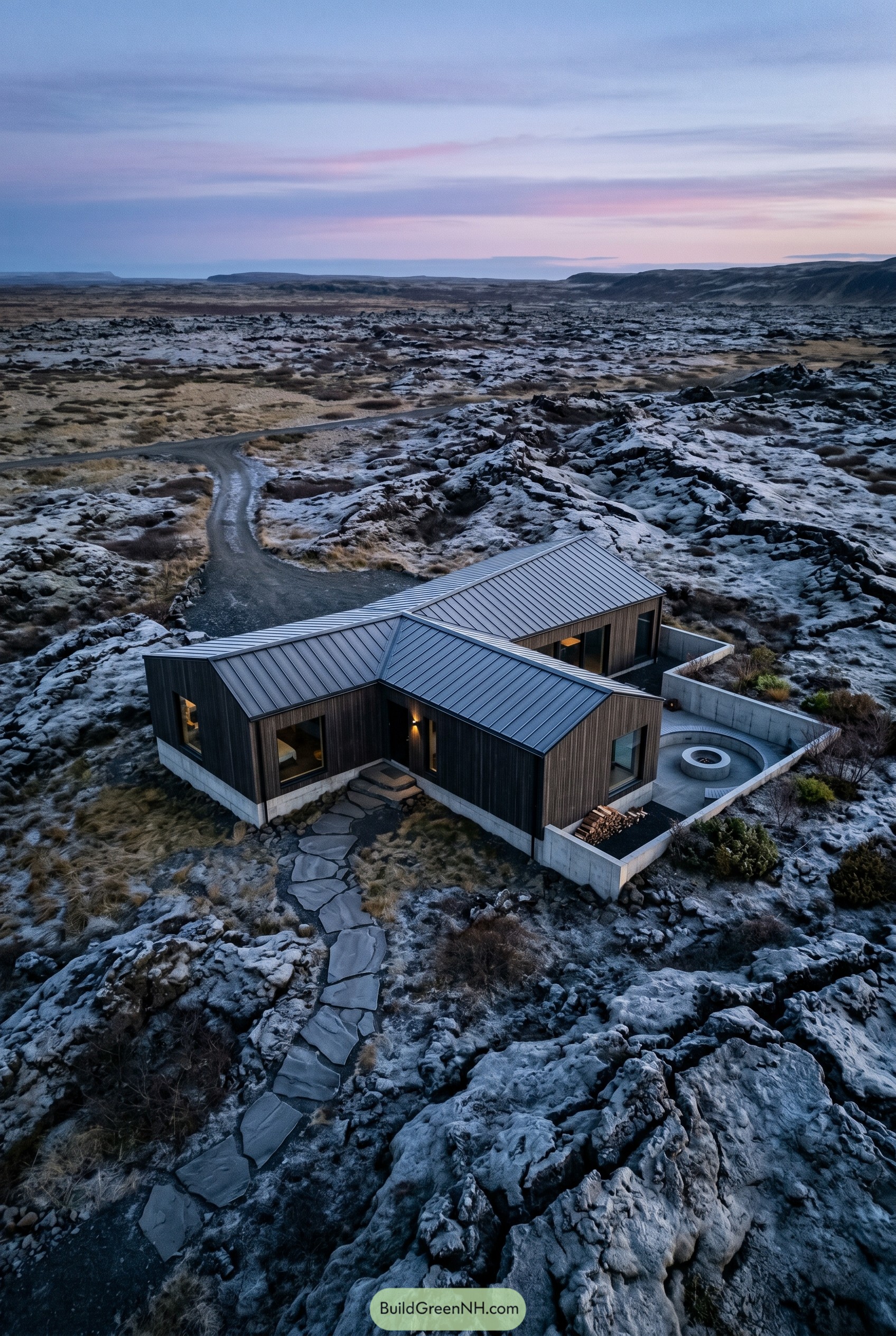 Angular dark timber cottage in a snowy lava field