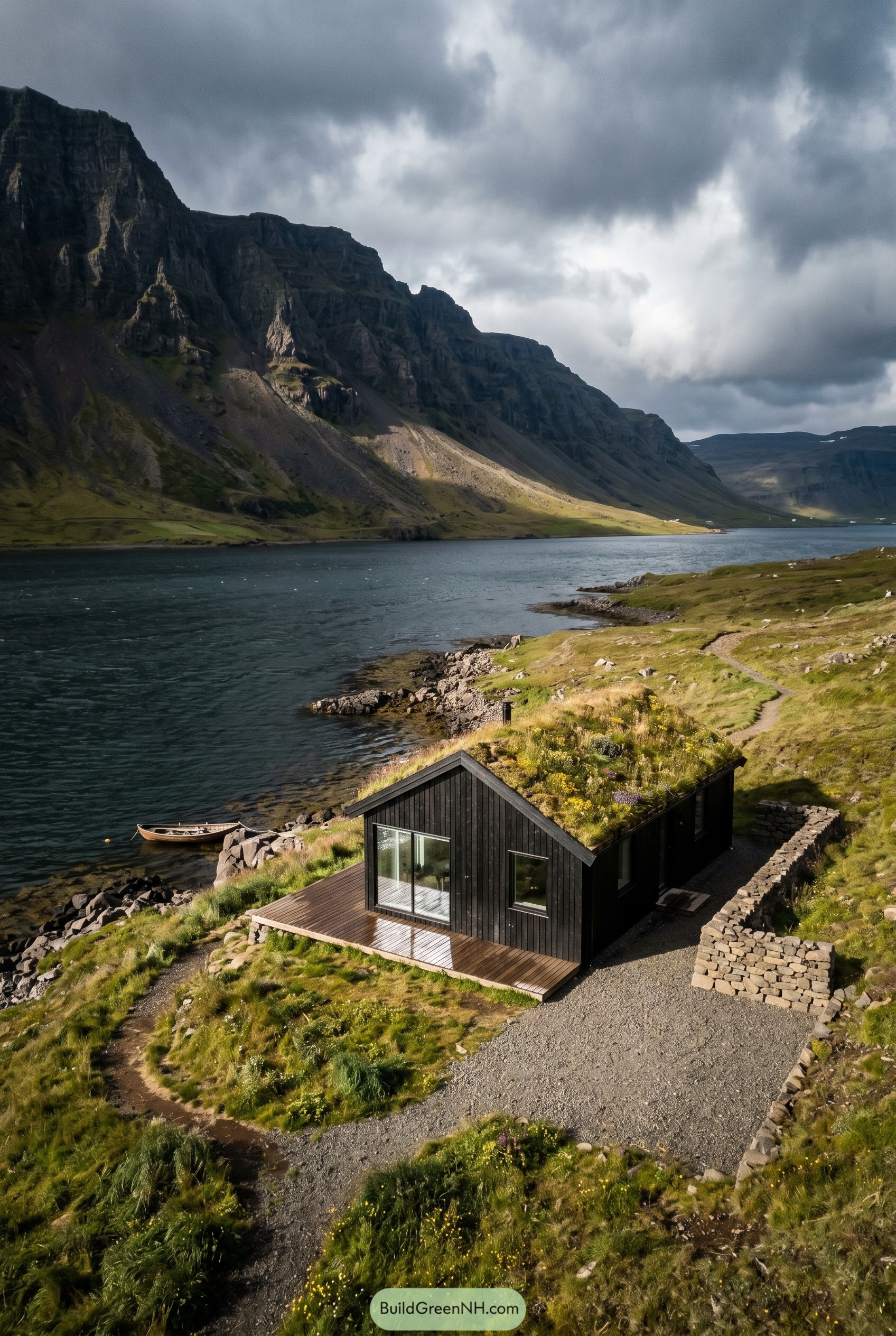 Black timber cottage with a wildflower roof beside a fjord