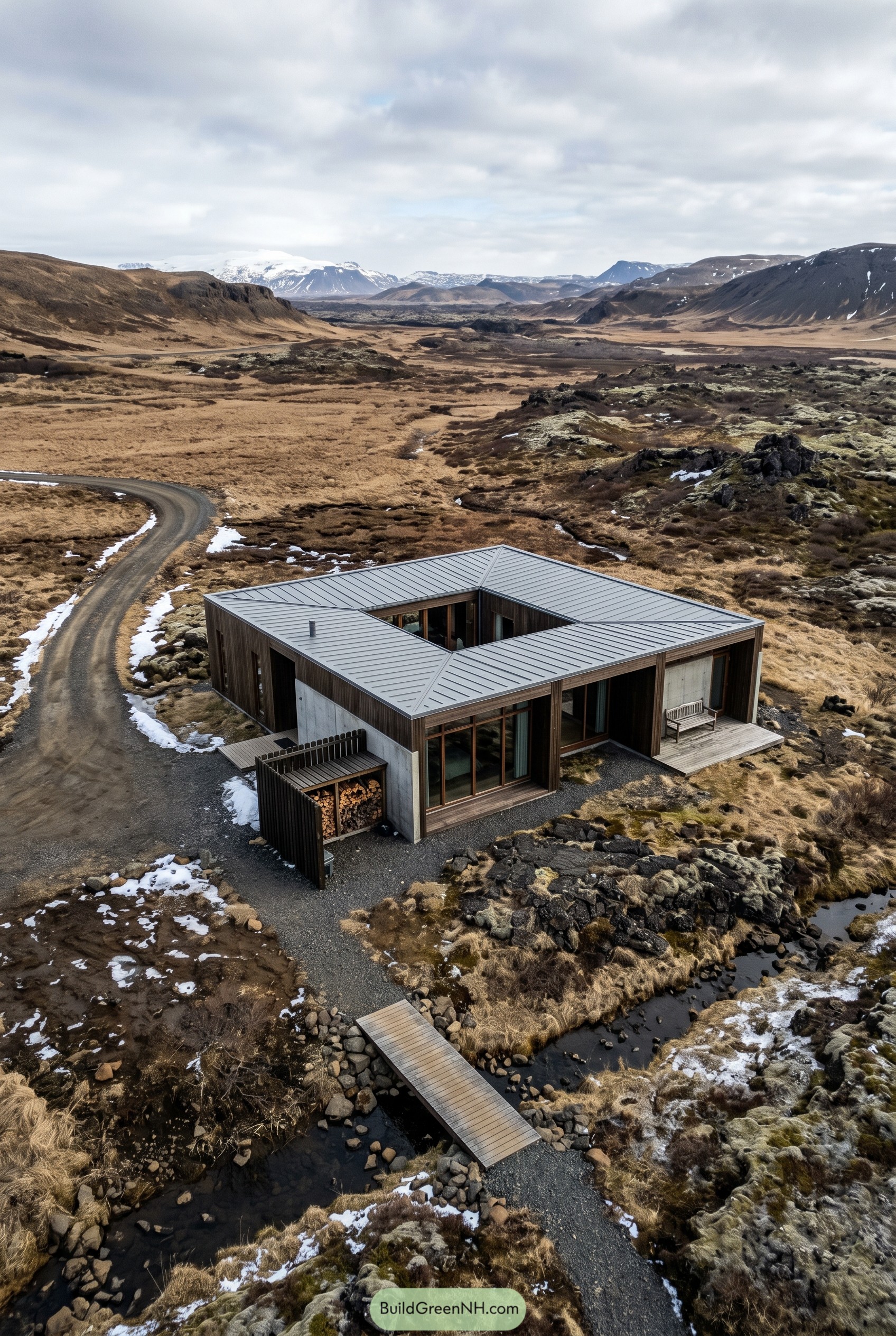 Square courtyard cabin with bridge in volcanic valley