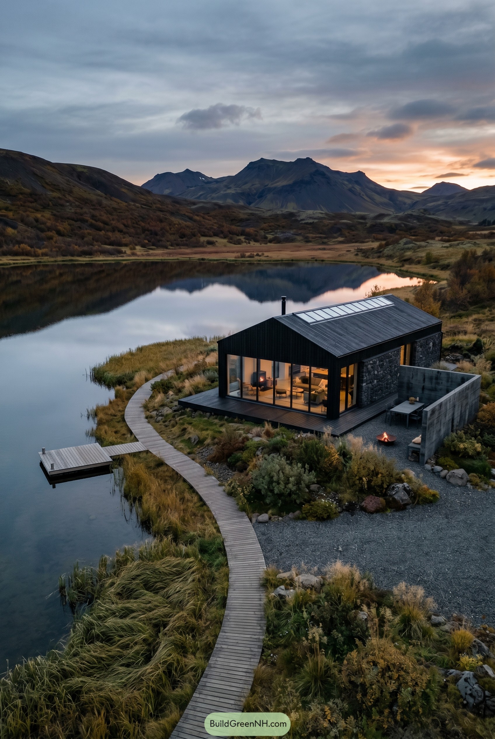 Black lakeside cottage with curved boardwalk and dock