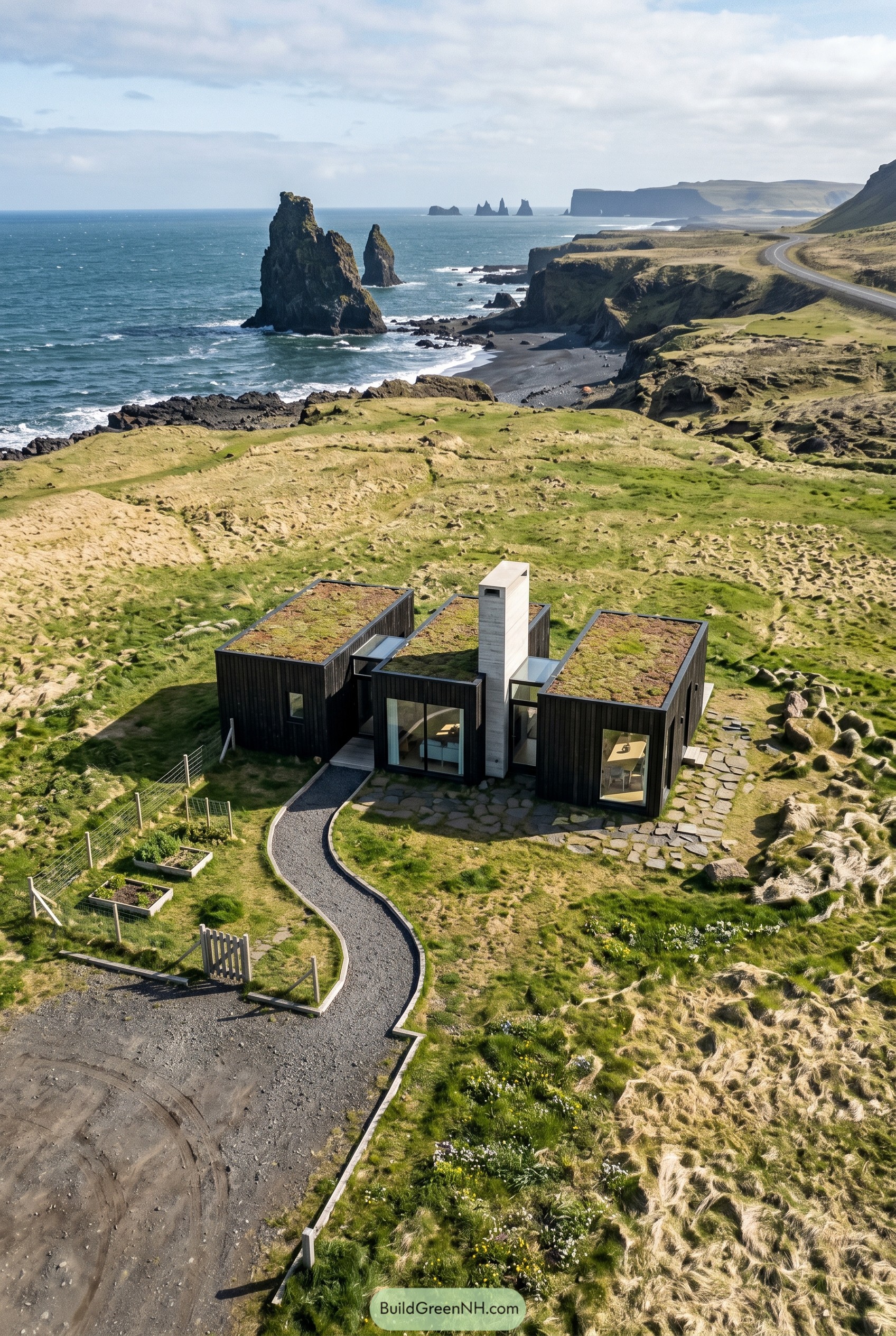 Modern black cottage with green roofs by sea cliffs