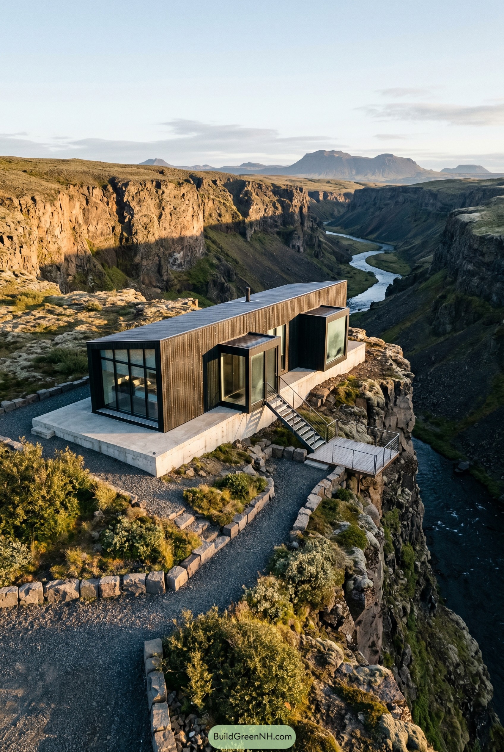 Modern timber cottage perched above a winding canyon river