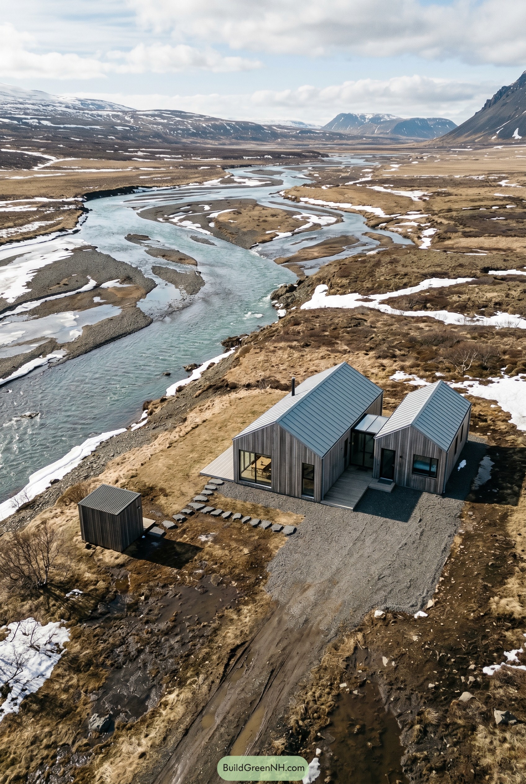 Modern twin gable cottage beside a winding river