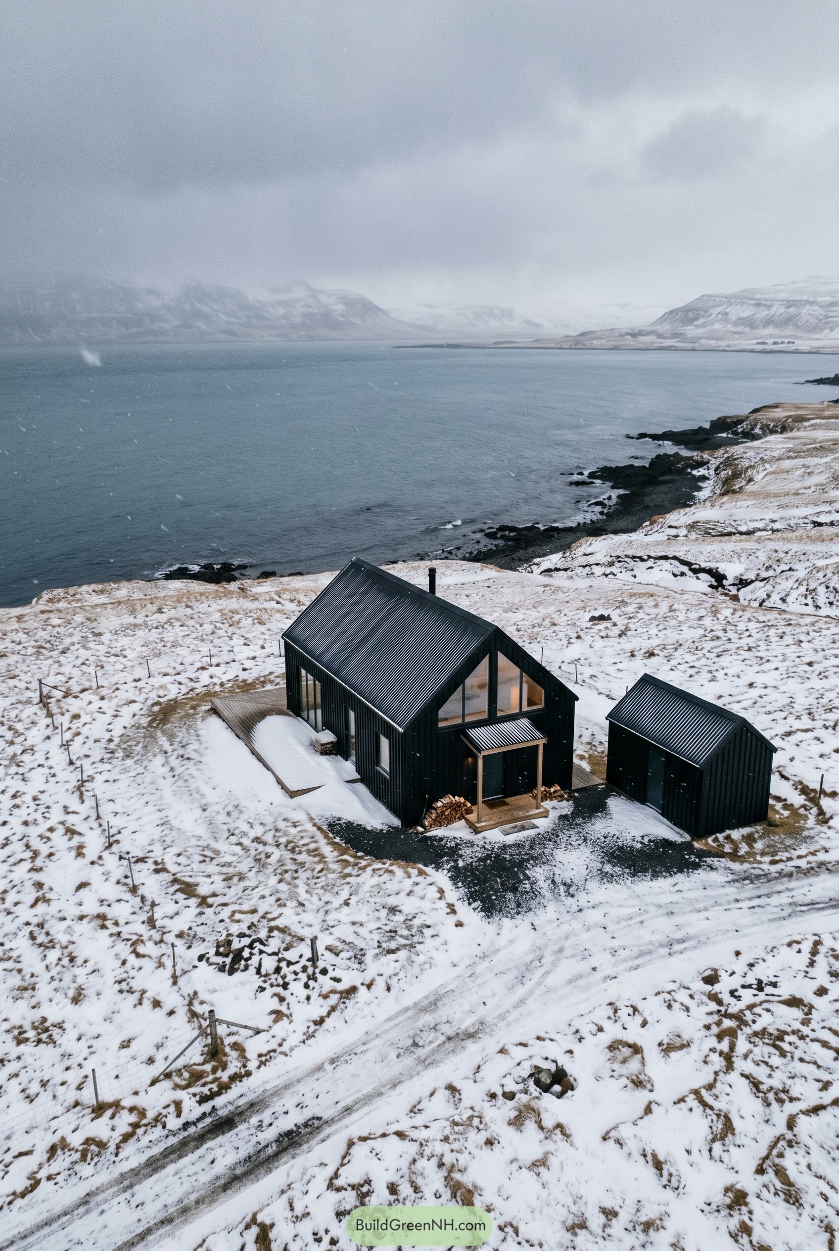 Black gabled cottage on snowy coast