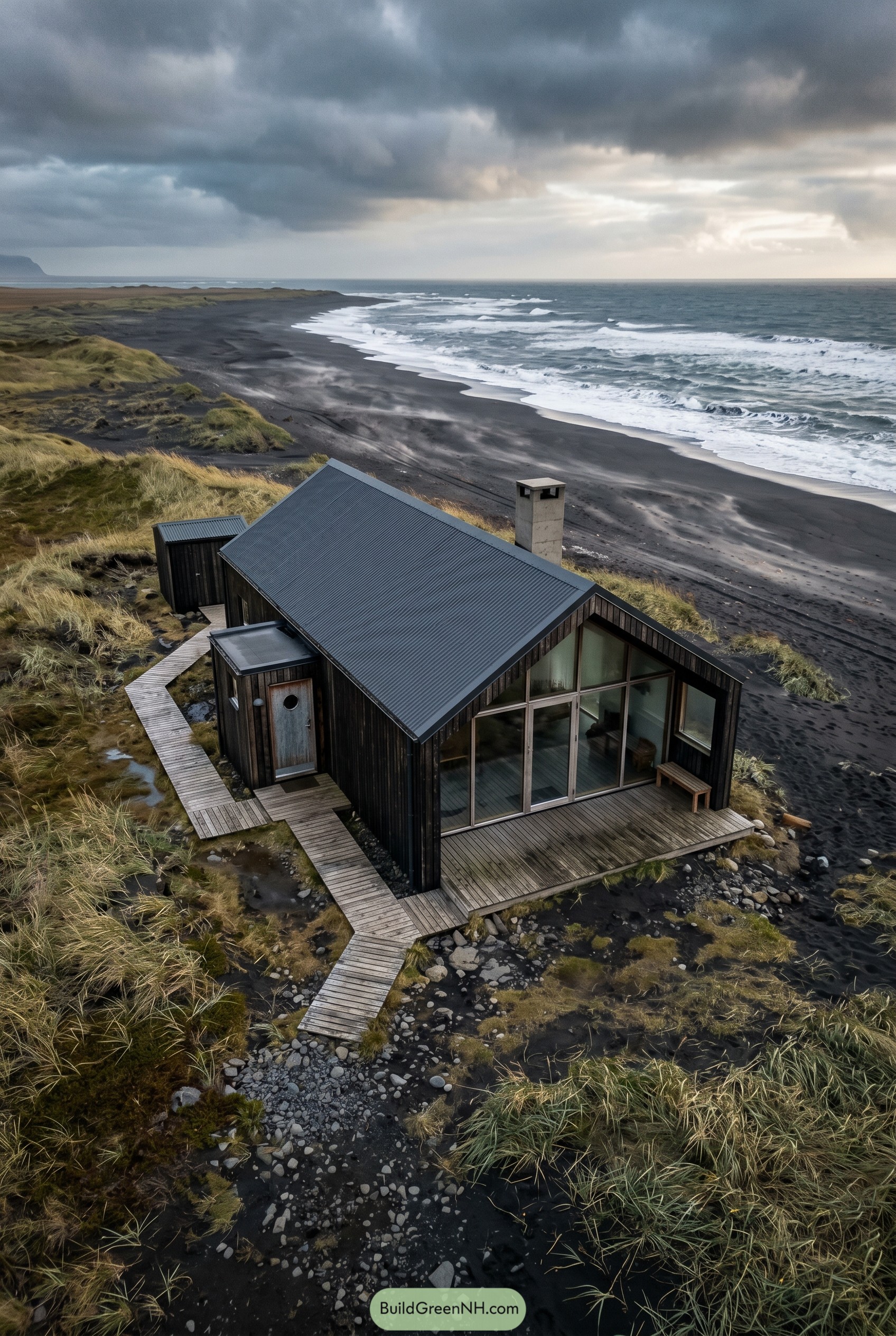 Black timber cottage above a black sand beach