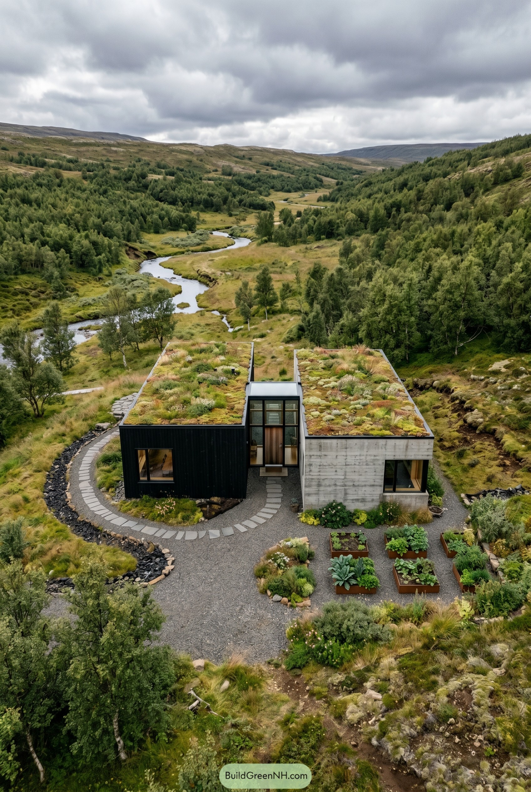 Modern cottage with twin green roofs by a winding river