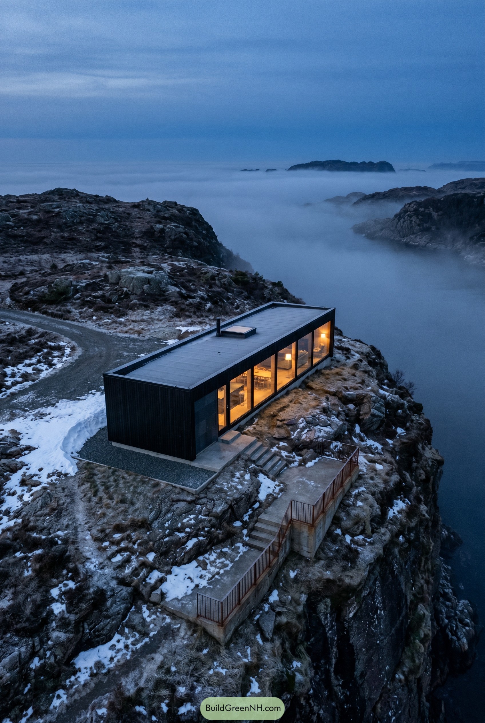 Black cliffside cabin above foggy water