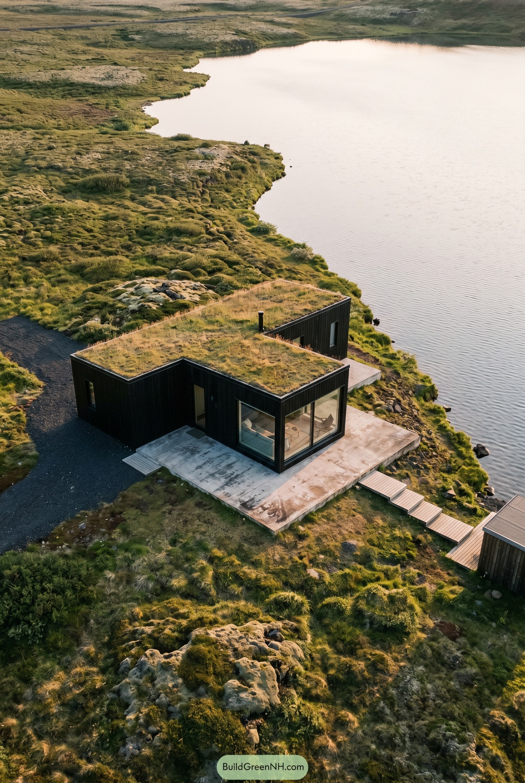 Black L shaped cottage with grass roof by lake