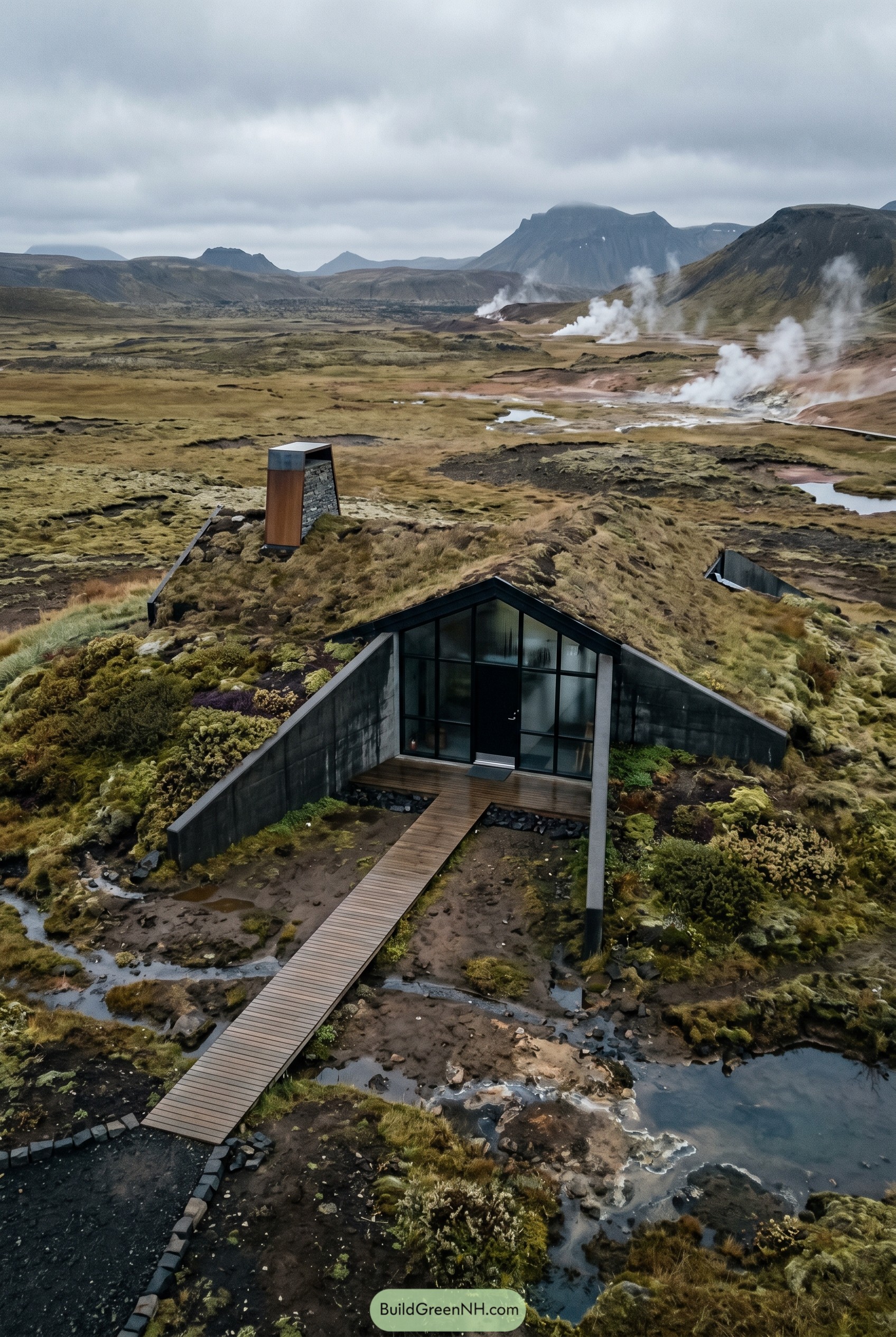 Angular turf roof cottage by steaming geothermal field