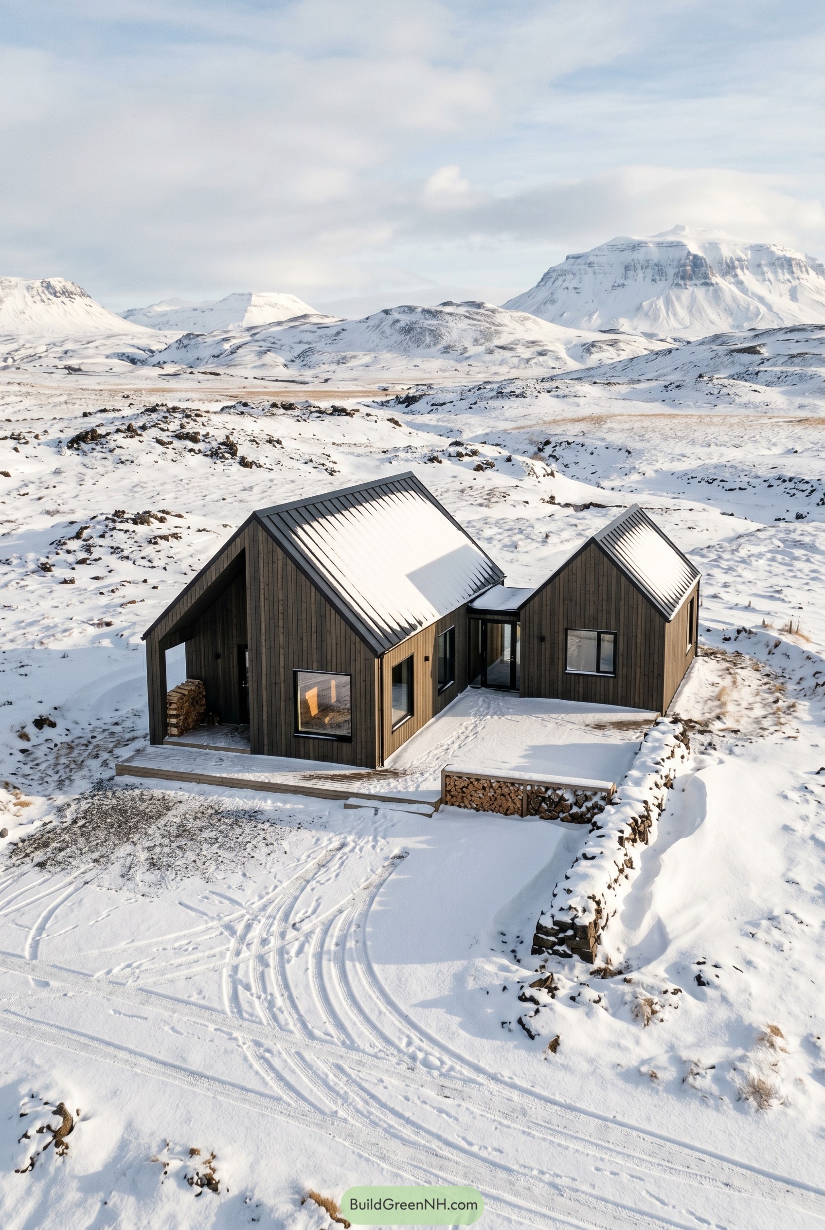 Modern twin gable cabin in snowy mountains