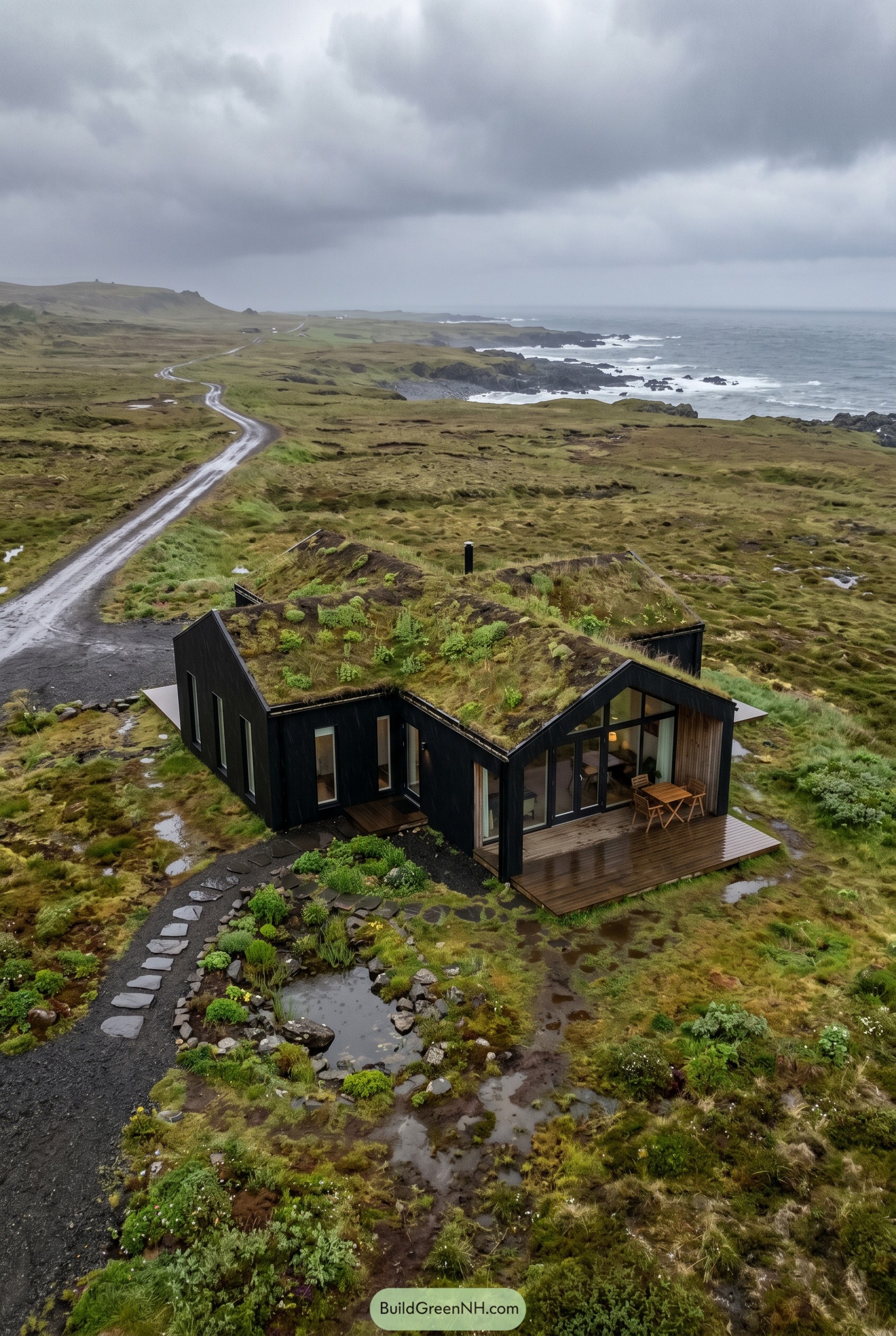 Black gabled cottage with green roof by rocky coast