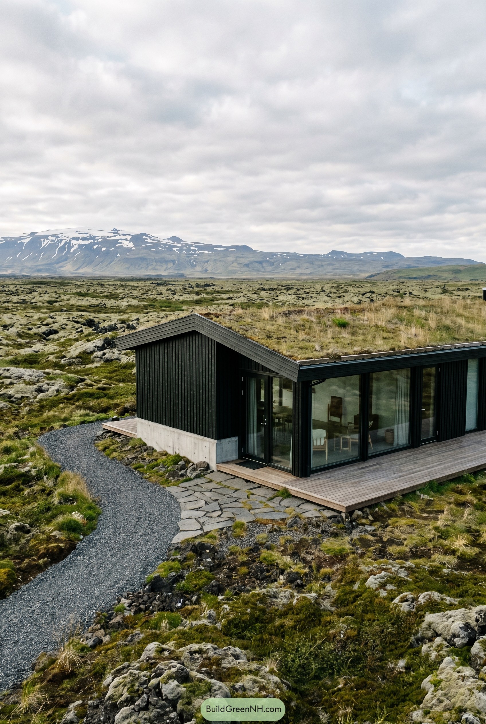 Black cottage with grass roof in lava field