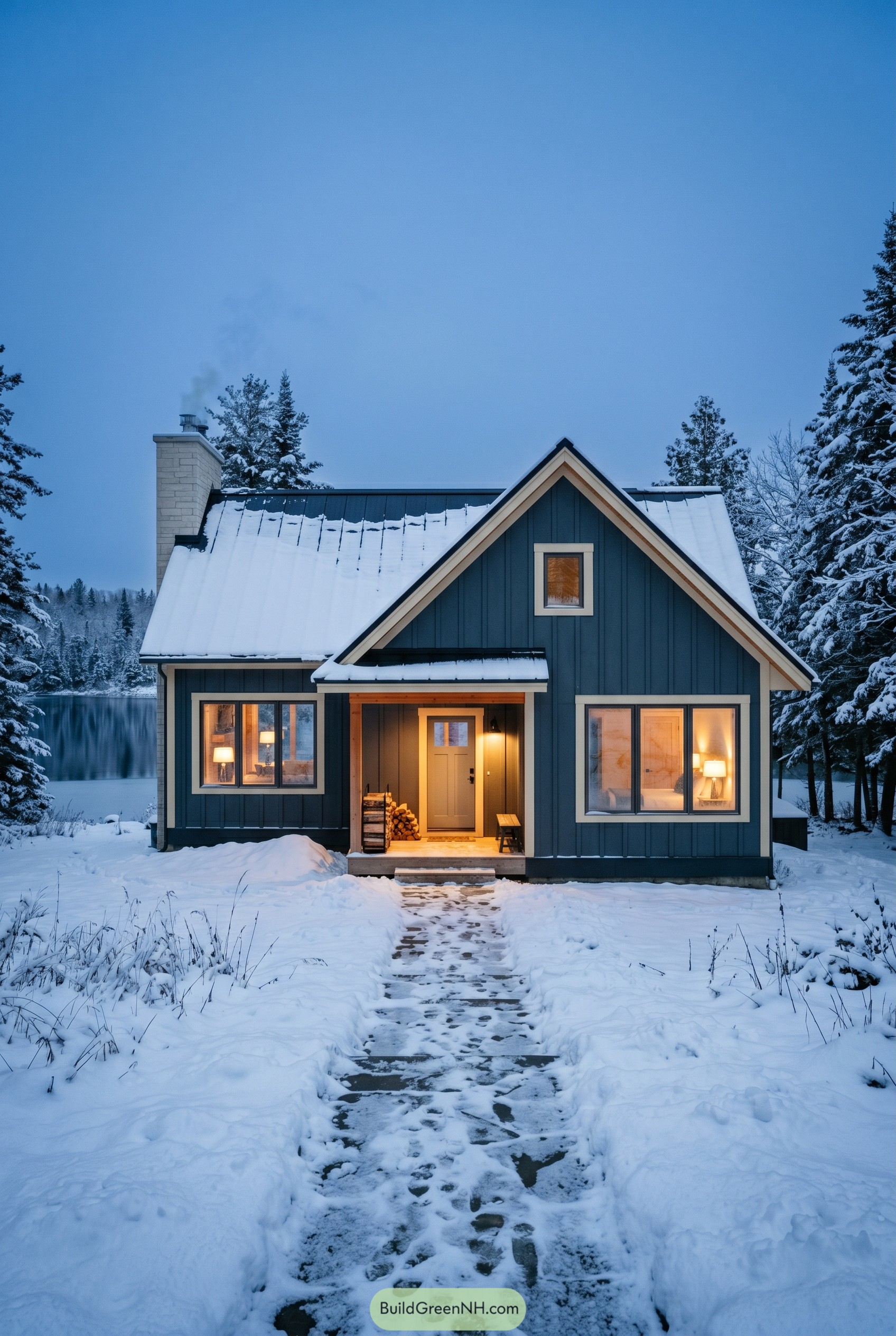 Deep blue cottage in snowy lakeside clearing