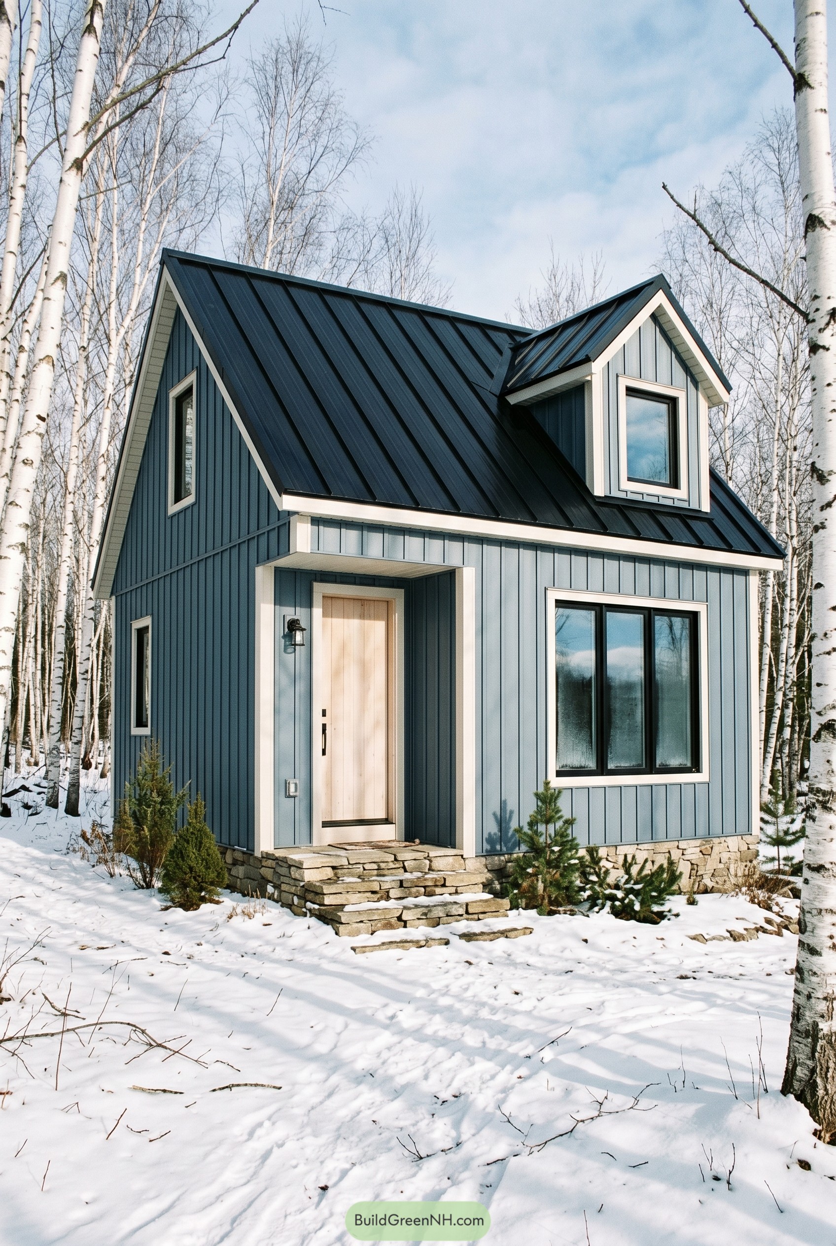 Deep blue cottage in a snowy birch grove
