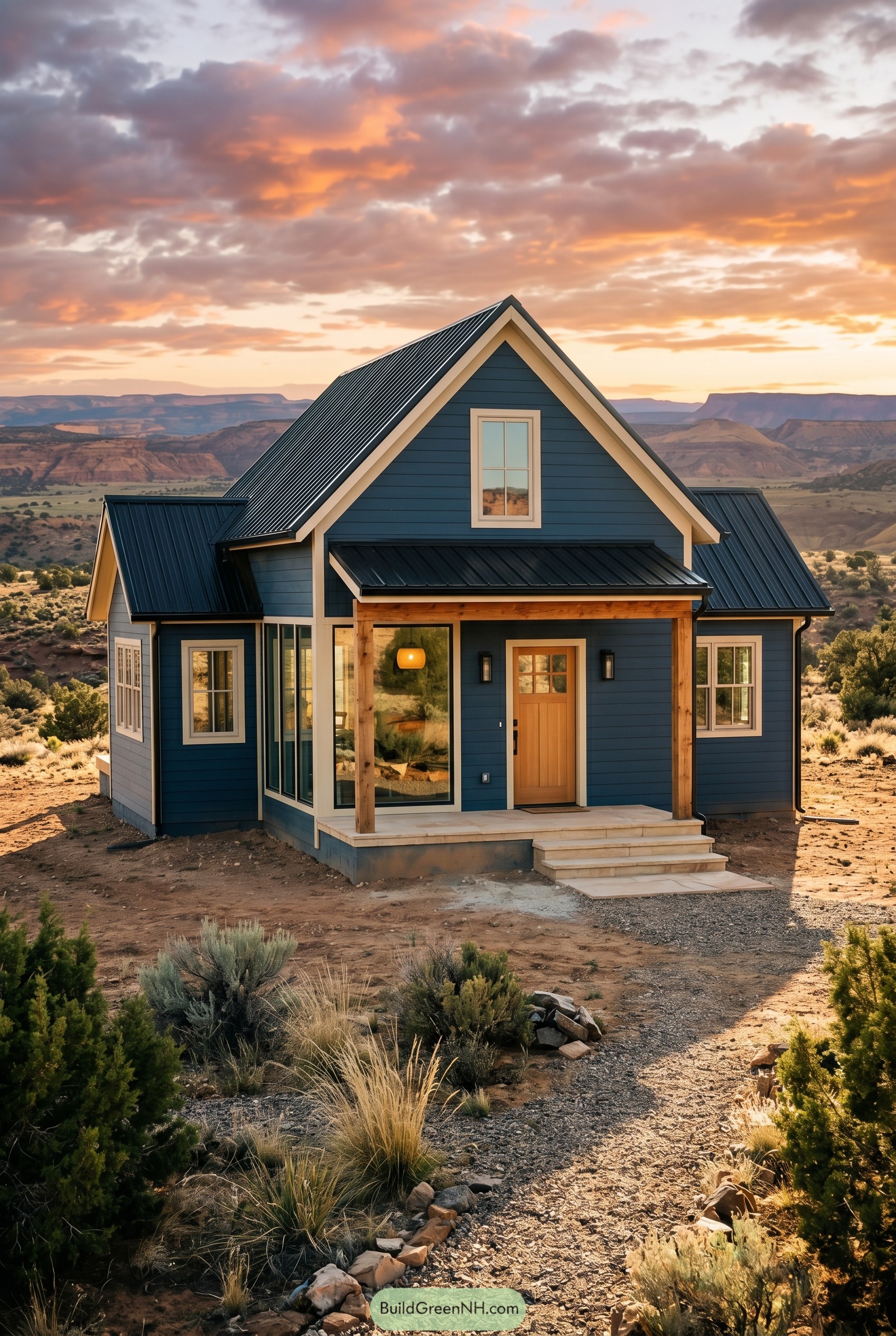 Deep blue cottage with black metal roof