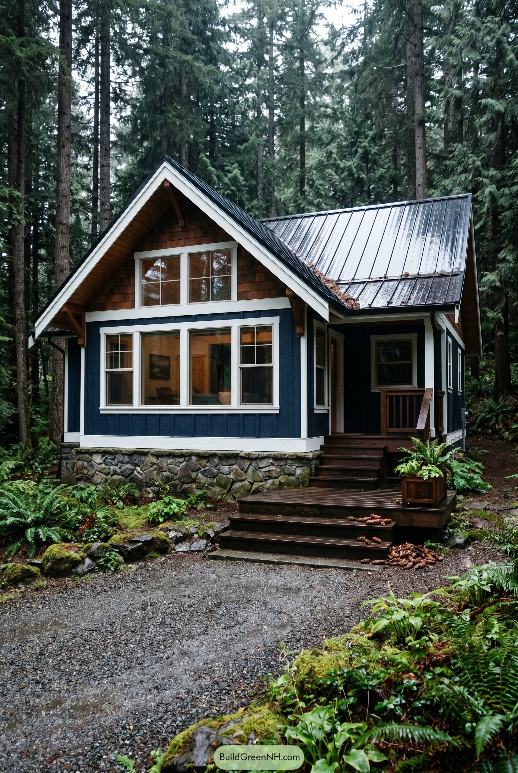 Deep blue cottage with cedar gable in forest