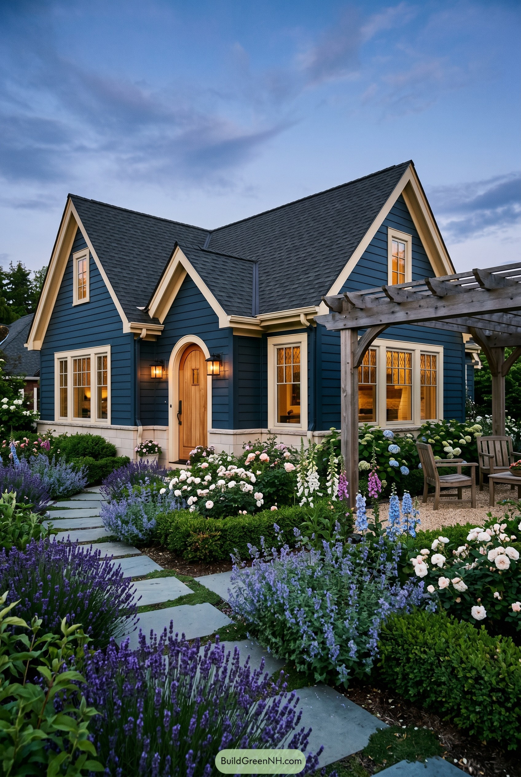 Deep blue cottage with pergola garden
