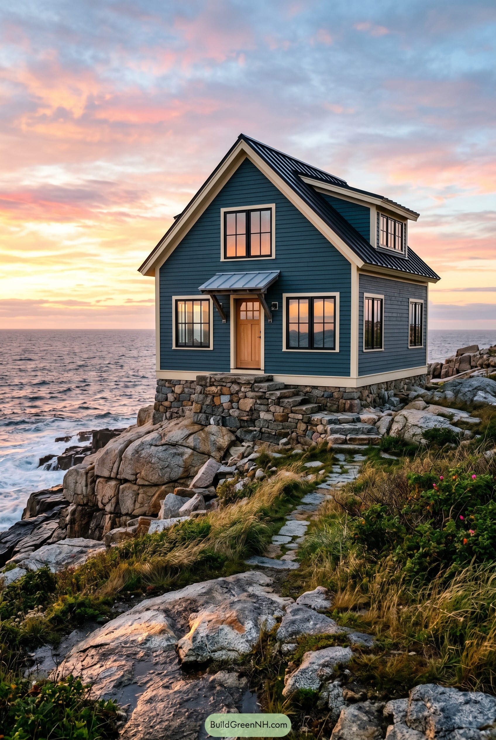 Deep blue seaside cottage on rocky coast