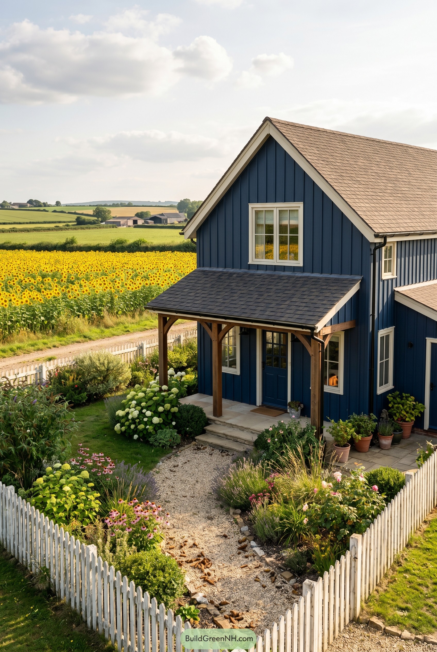 Deep blue cottage by a sunflower field