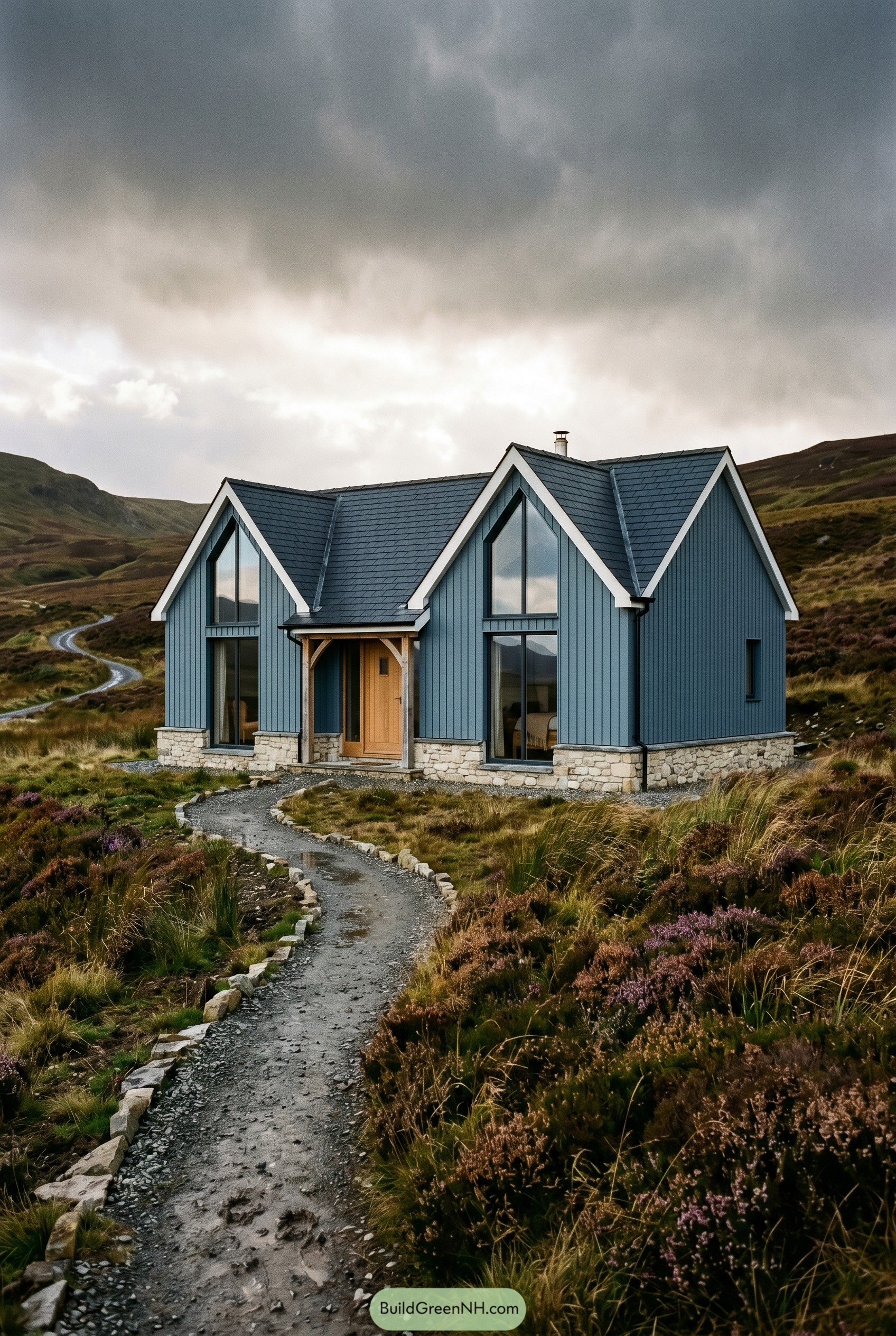 Deep blue gabled cottage on moorland