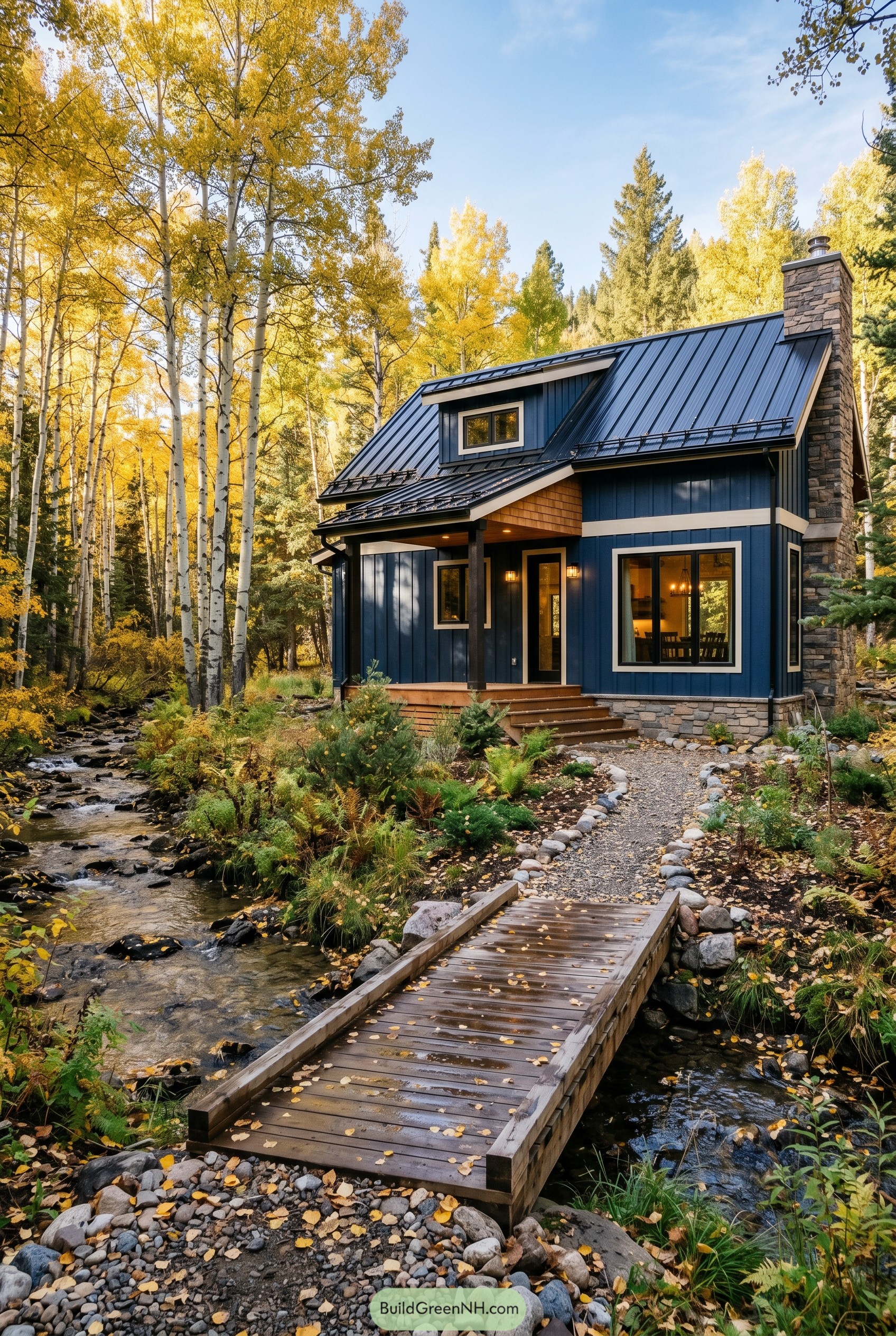 Deep blue cottage beside a creek in autumn woods