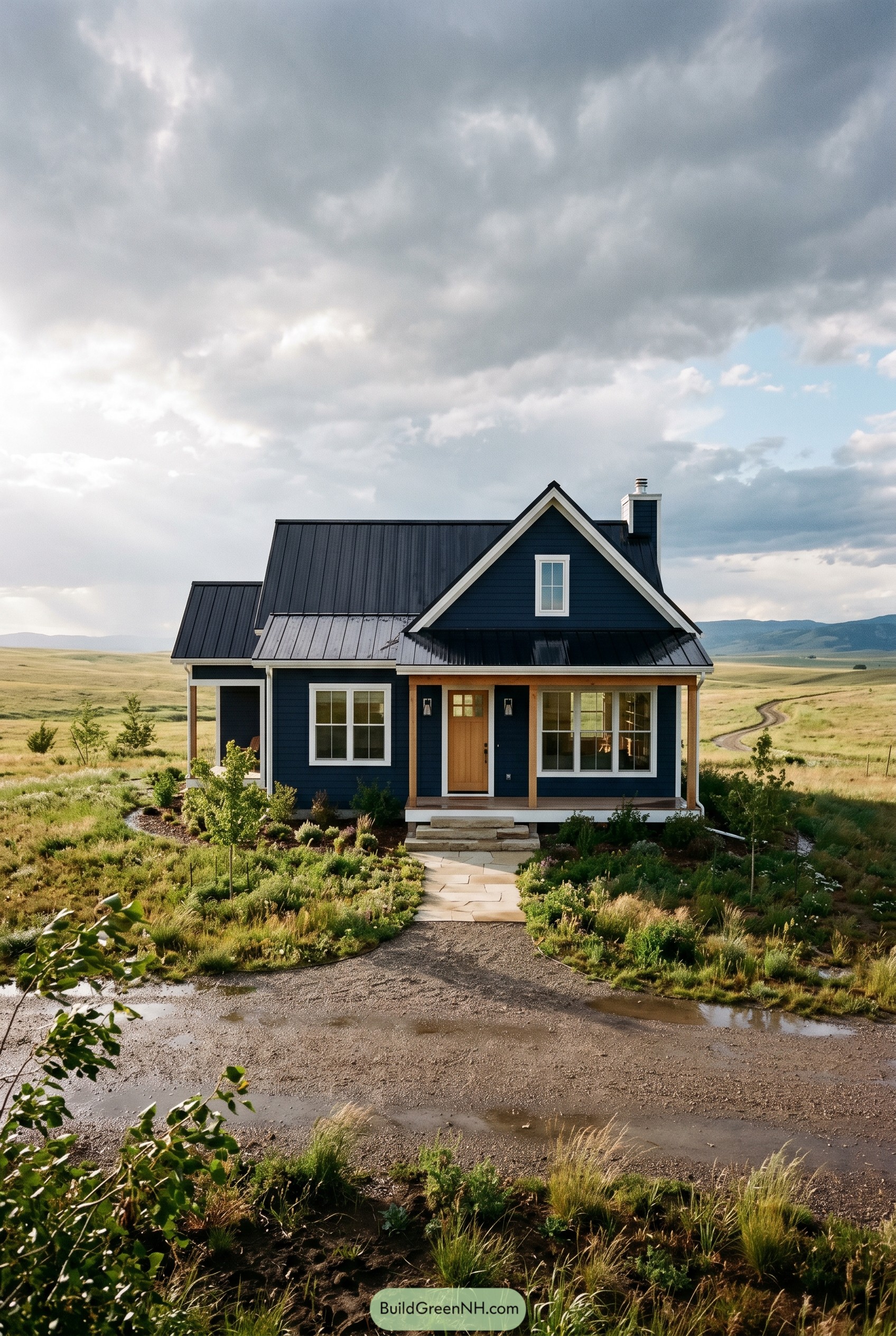 Deep blue cottage with black metal roof in open prairie