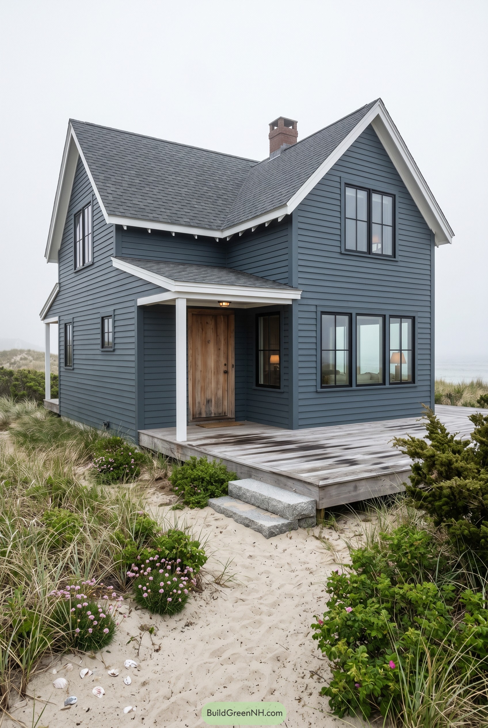 Deep blue coastal cottage on sandy dunes