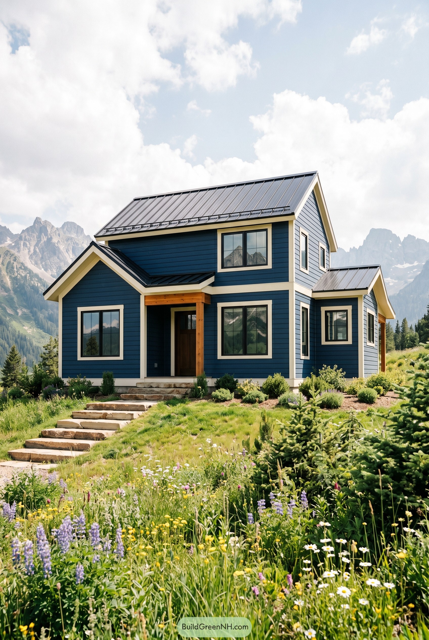 Deep blue modern cottage in a mountain meadow