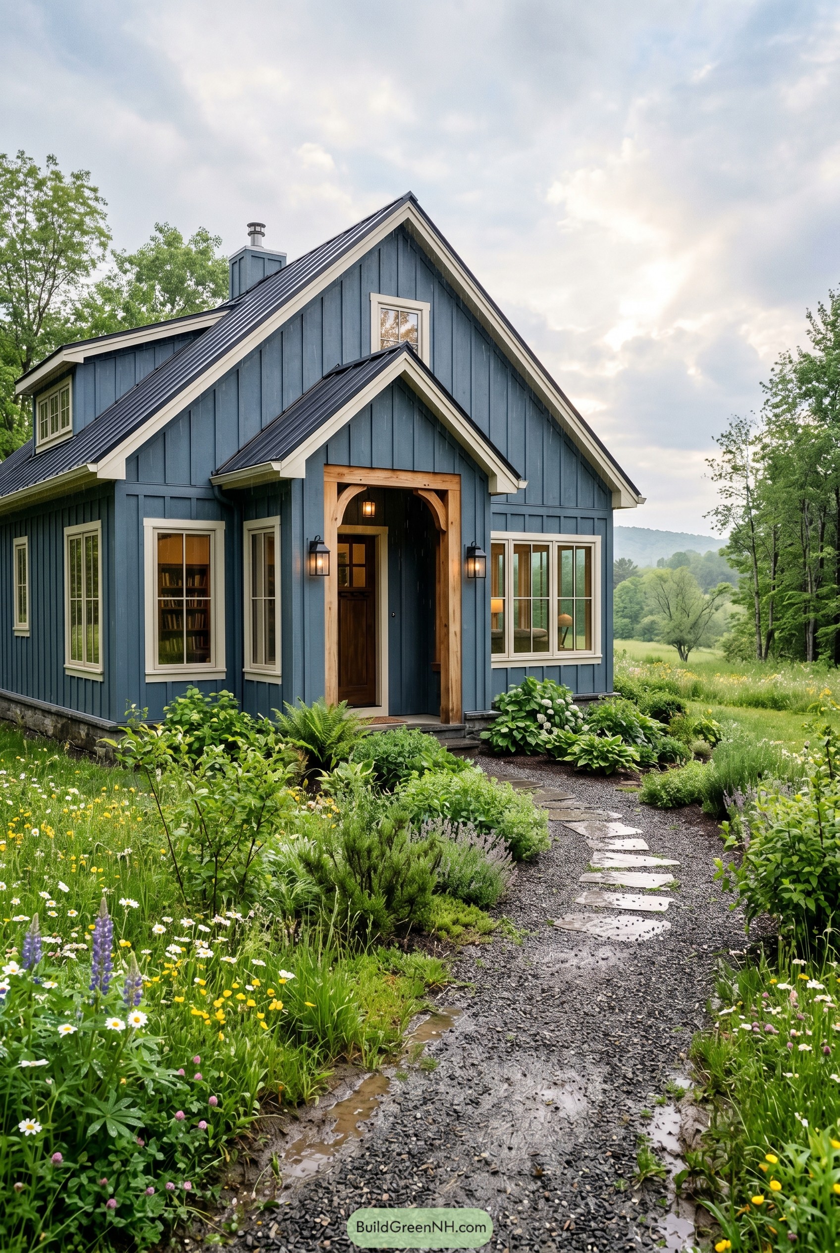 Deep blue cottage with gabled roof and garden path